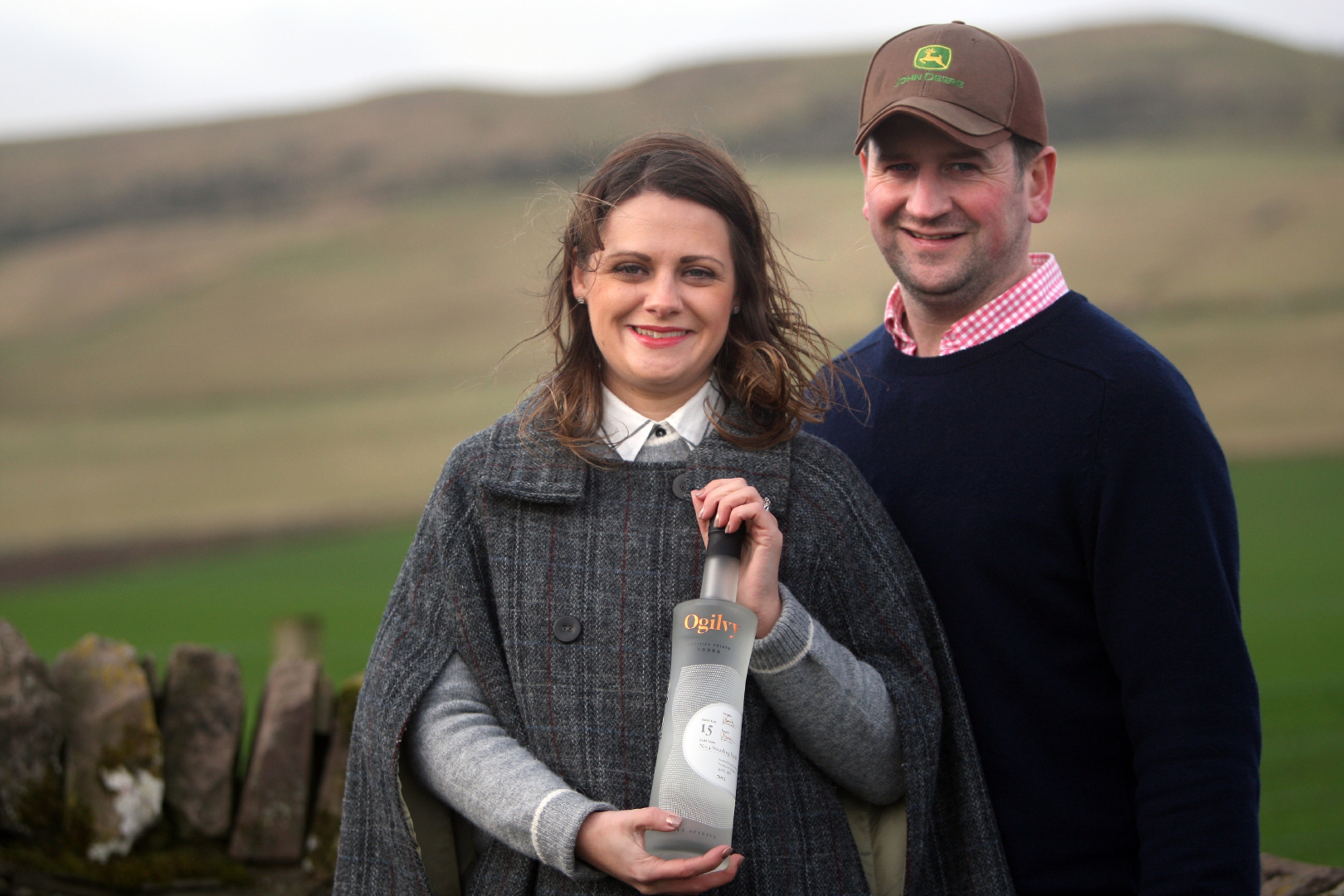 Caroline and Graeme Jarron with a bottle of Ogilvy Vodka at Hatton of Ogilvy farm near Glamis.