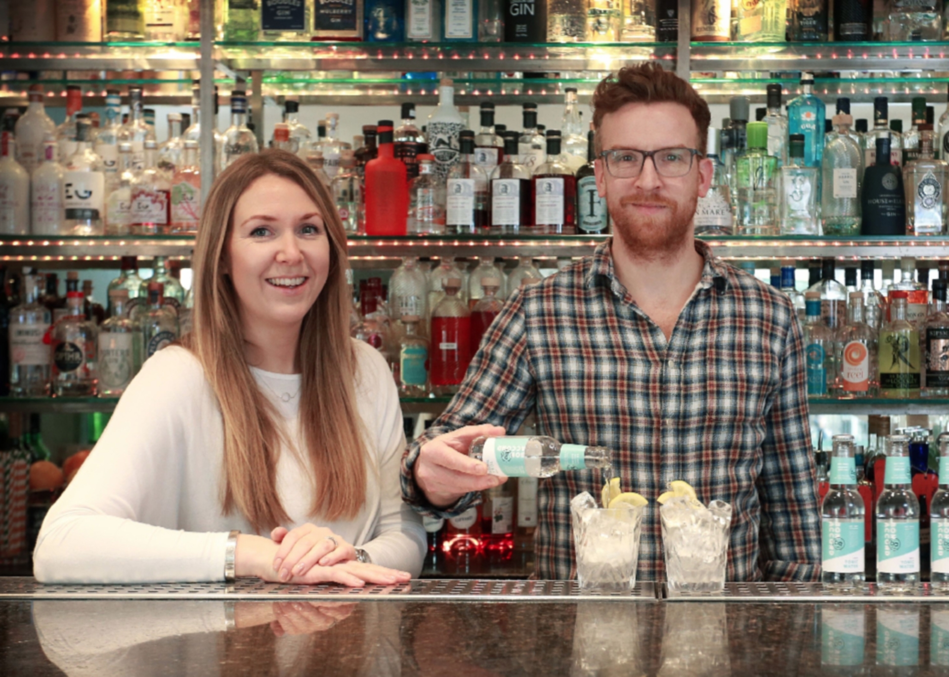 Karen Knowles and Nathan Burrough with the new size Bon Accord tonic water.