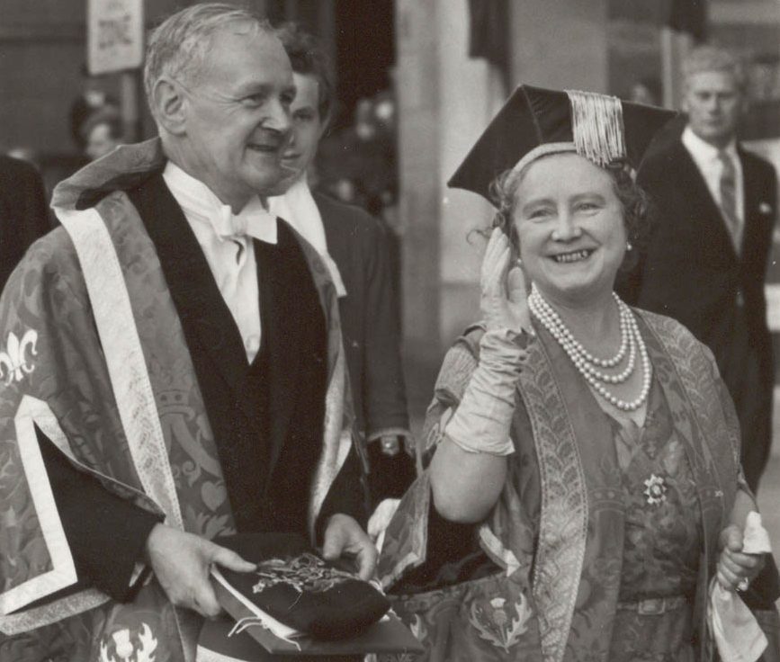 The Queen Mother and Principal Drever 1 at the inauguration of Dundee University on August 1 1967
