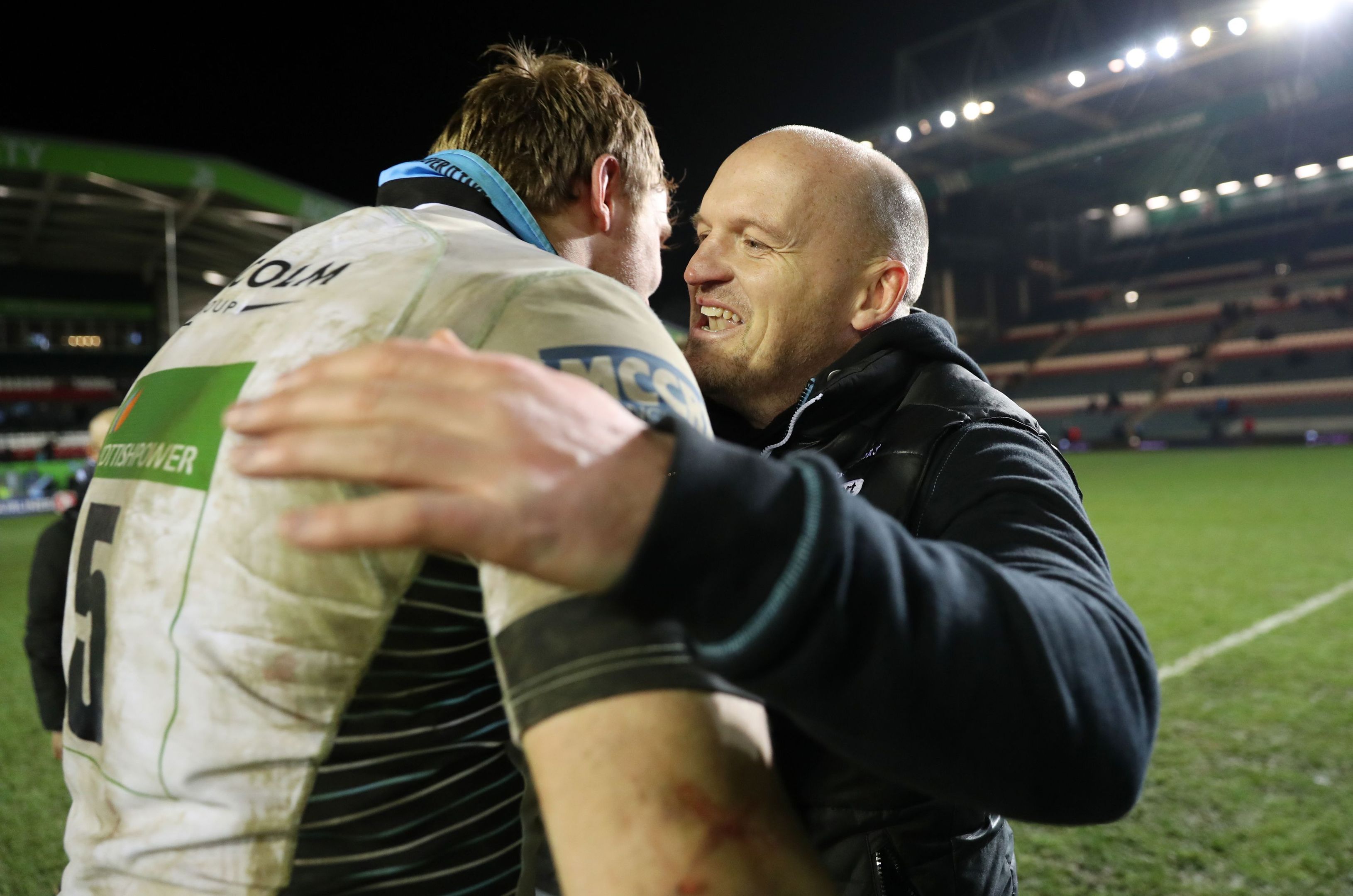 Gregor Townsend congratulates skipper Jonny Gray after Glasgow's 43-0 win at Leicester on Saturday.