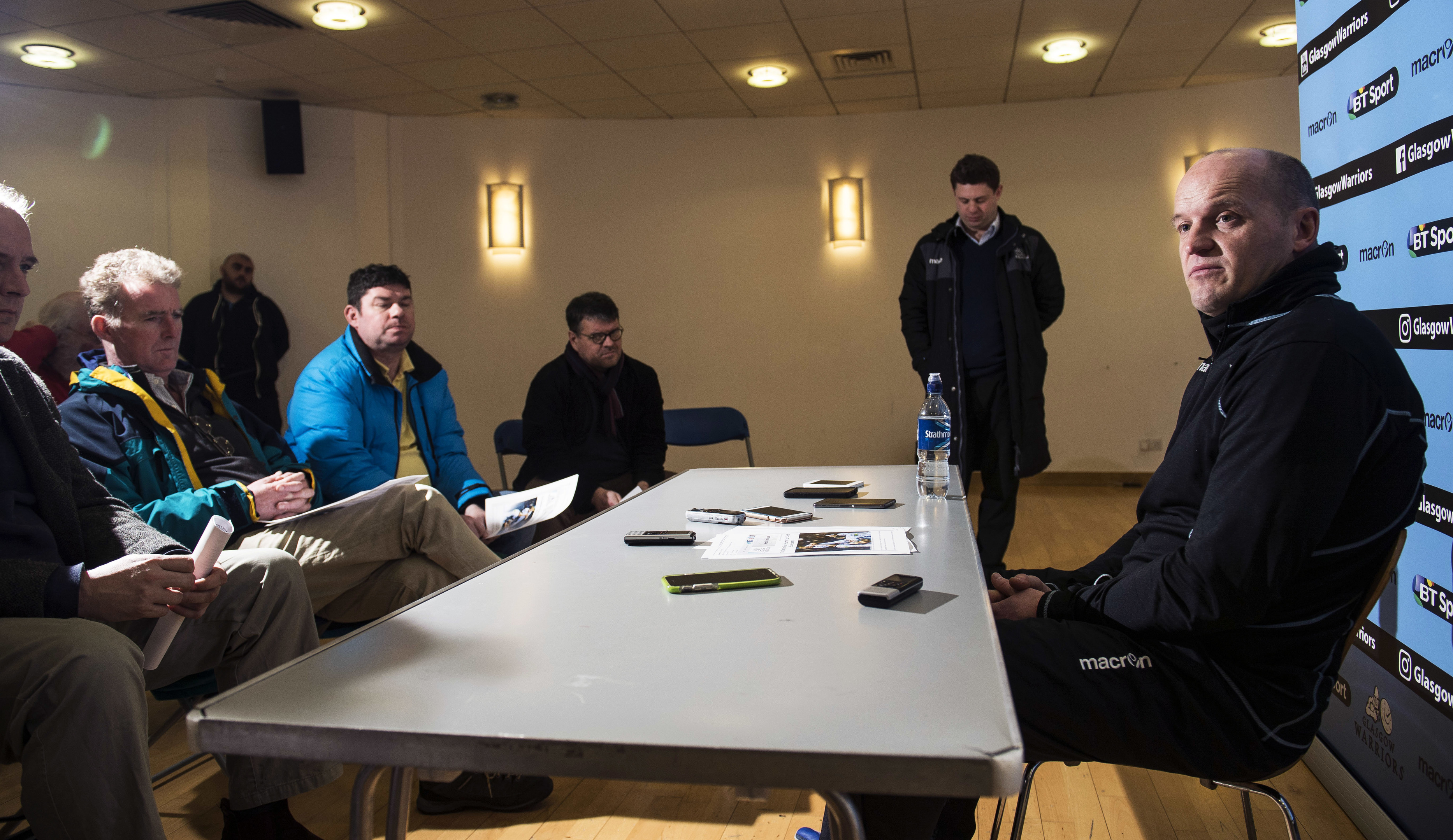 Gregor Townsend speaking with rugby writers at his press conference at Scotstoun.