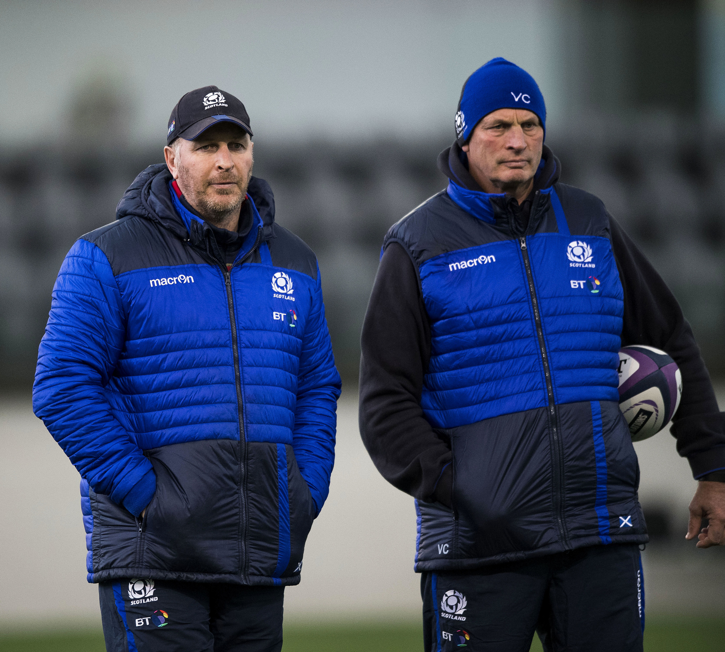 Scotland head coach Vern Cotter (R) and assistant coach Jason O'Halloran in training at Oriam yesterday.