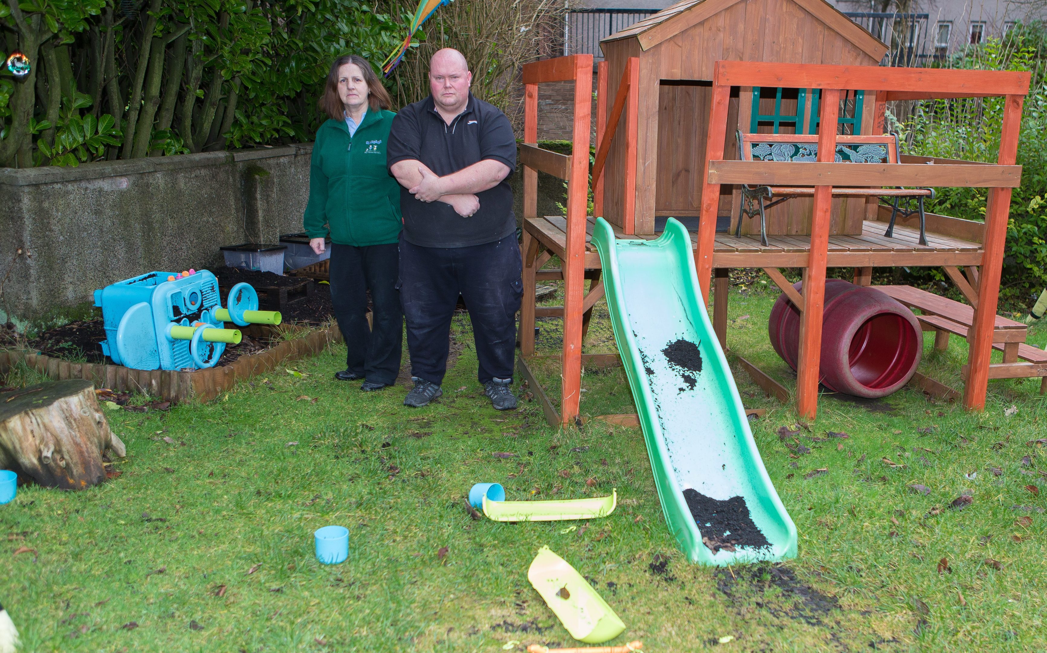 Owners June and Brian Miller of Rascals Nursery in Cowdenbeath were faced with a clean up after Christmas Day vandalism partially destroyed the garden for the children.