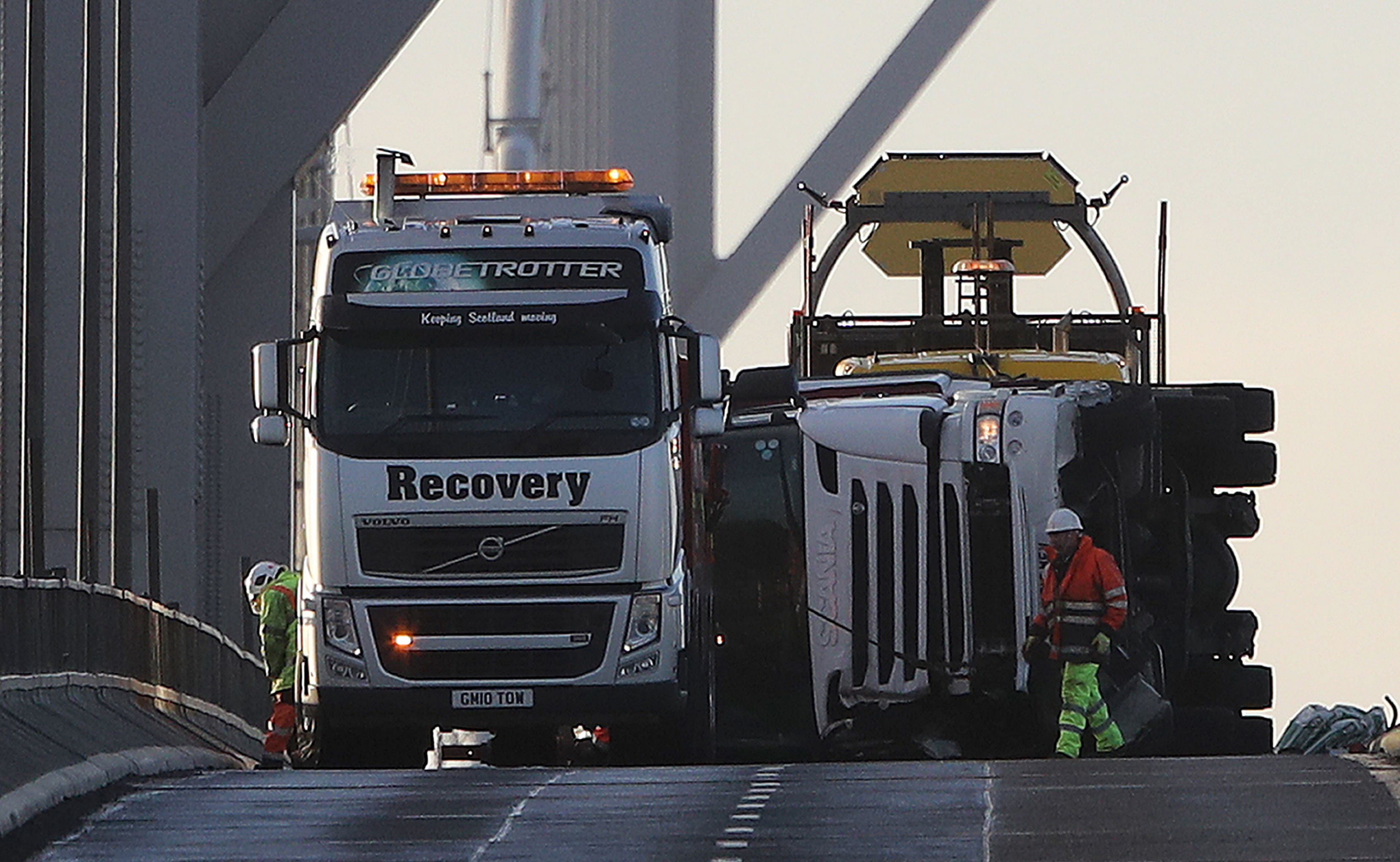 The overturned lorry on the Forth Road Bridge.