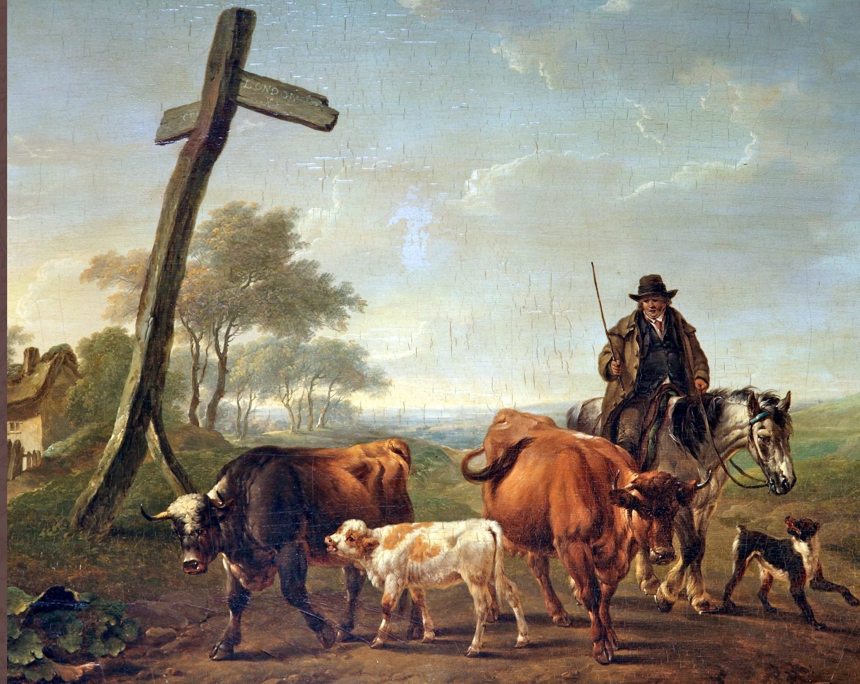 The cover image of the book by Charles Towne (1763-1840),  A Drover on Horseback with a Dog Driving Two Cows and a Calf.