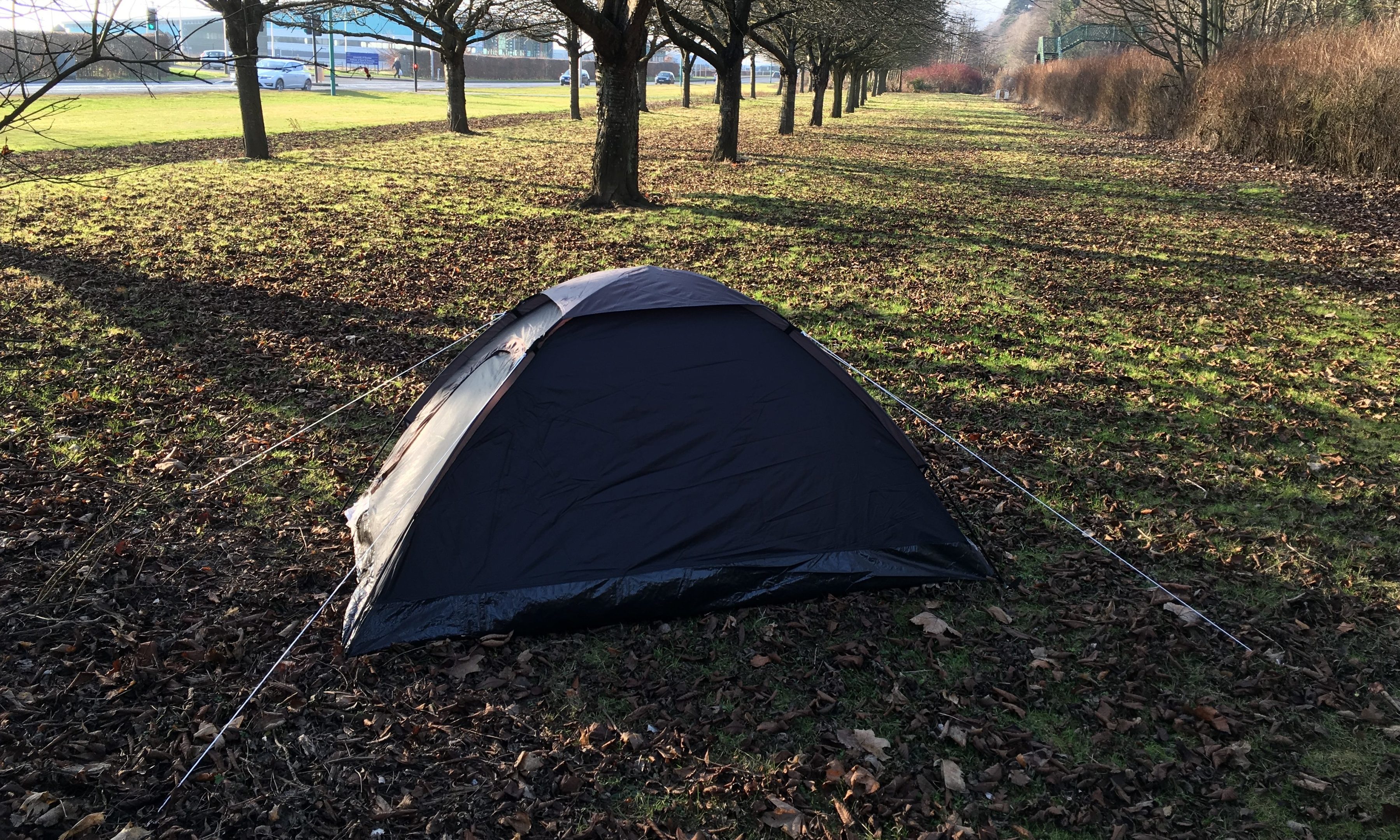 The tent was pitched alongside Riverside Drive.
