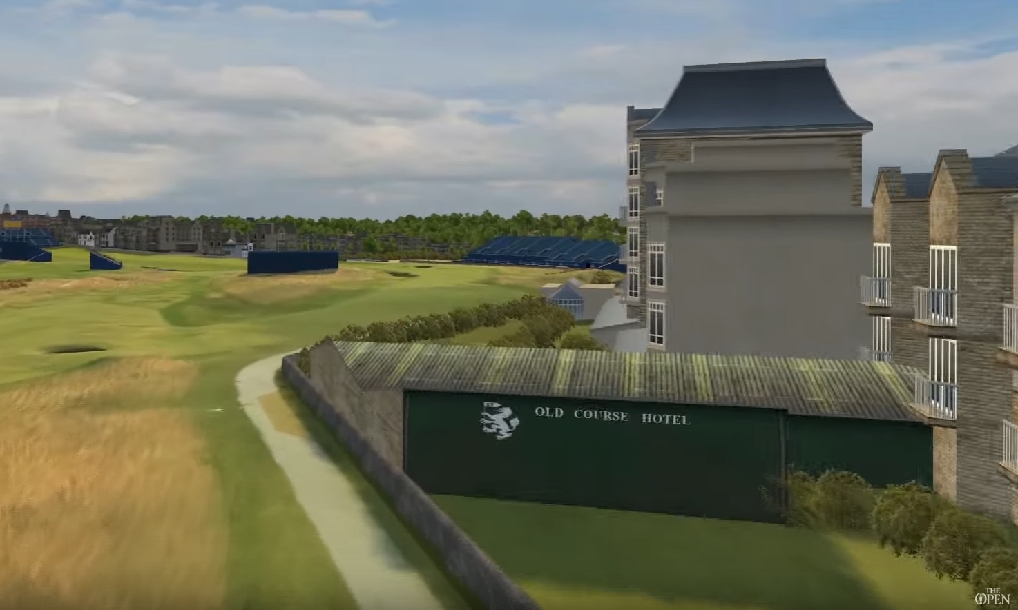 A computer-generated image showing how golfers need to aim over hotel outbuildings to find the fairway.