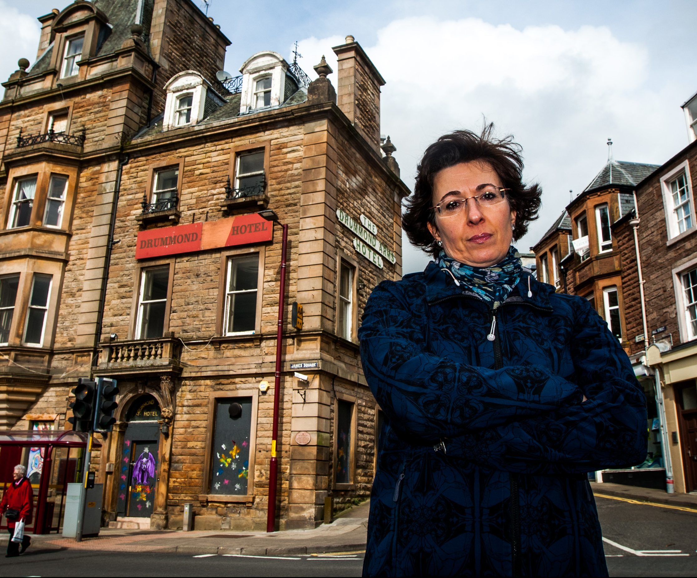 Ailsa Campbell, chair of Crieff Community Trust, outside the Drummond Arms Hotel.