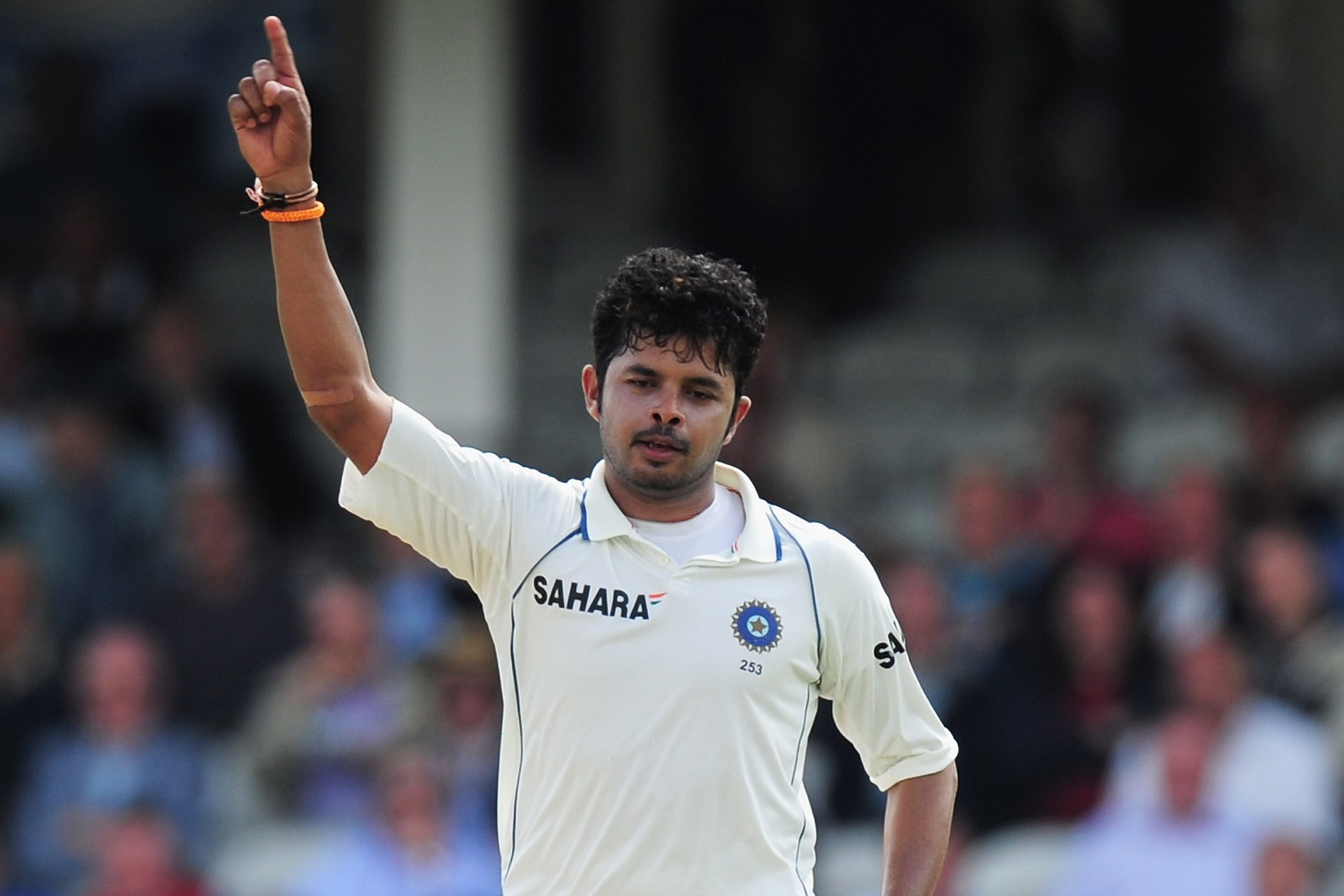 Sreesanth celebrates the wicket of Eoin Morgan of England a test match between England and India in 2011.