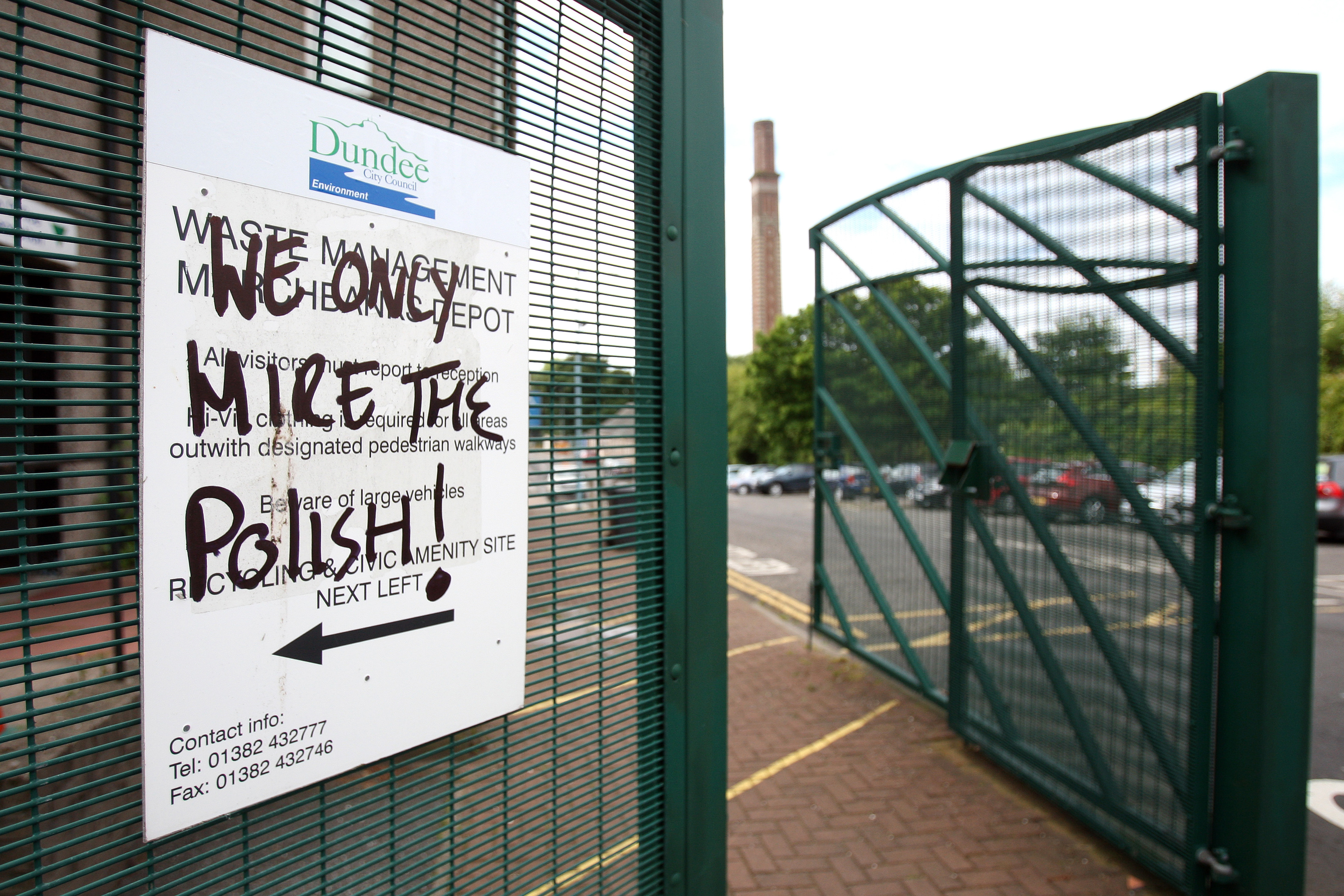 Anti Polish graffiti on a sign at Dundee City Council, Marchbanks Depot on Fairfield Road.