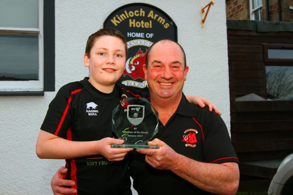 Scottish Rugby volunteer of the month award winner Calum Bruce of Carnoustie Rugby Club and his son Brandon as the club prepares for the June anniversary event