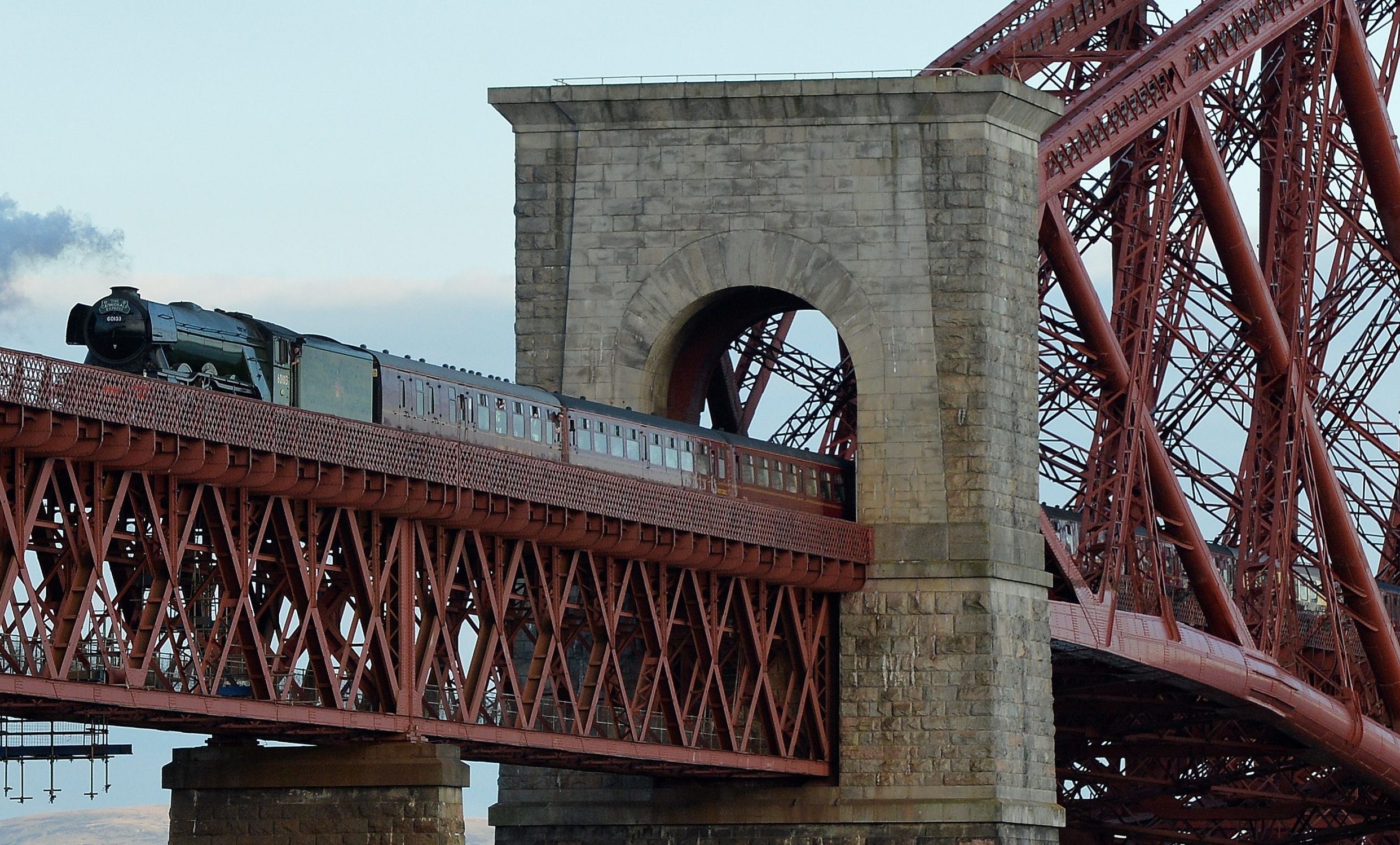 The Flying Scotsman crosses the Forth Rail Bridge on May 15 2016.