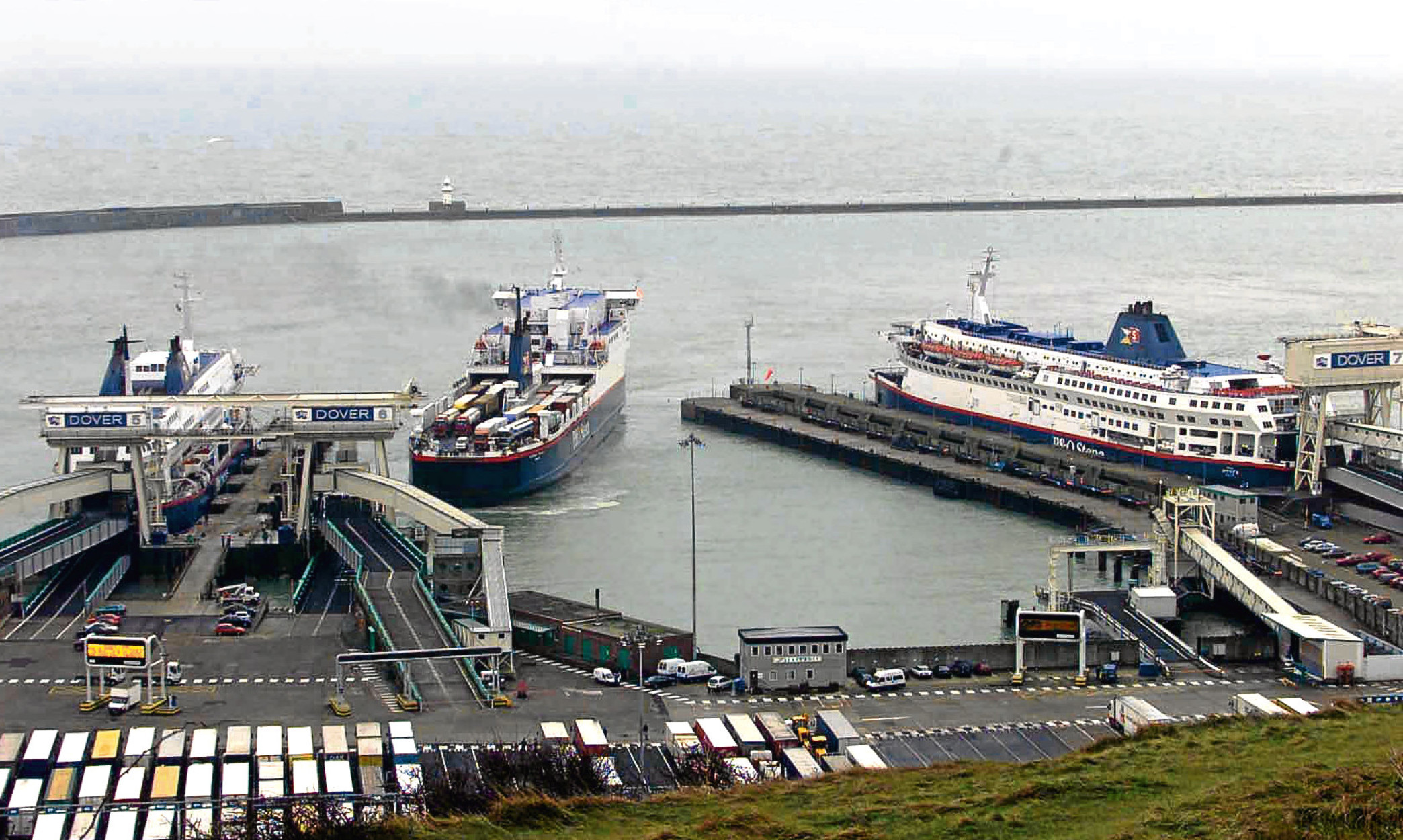 Lorries queue at Dover to cross the English Channel to France.