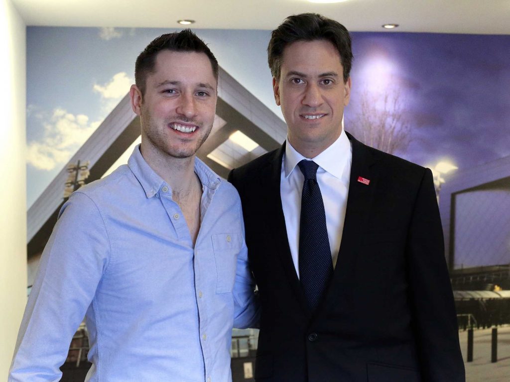  Gordon Aikman pictured with Ed Miliband MP, the then leader of the Labour Party during a visit the Queenslie Training Centre in Glasgow. 