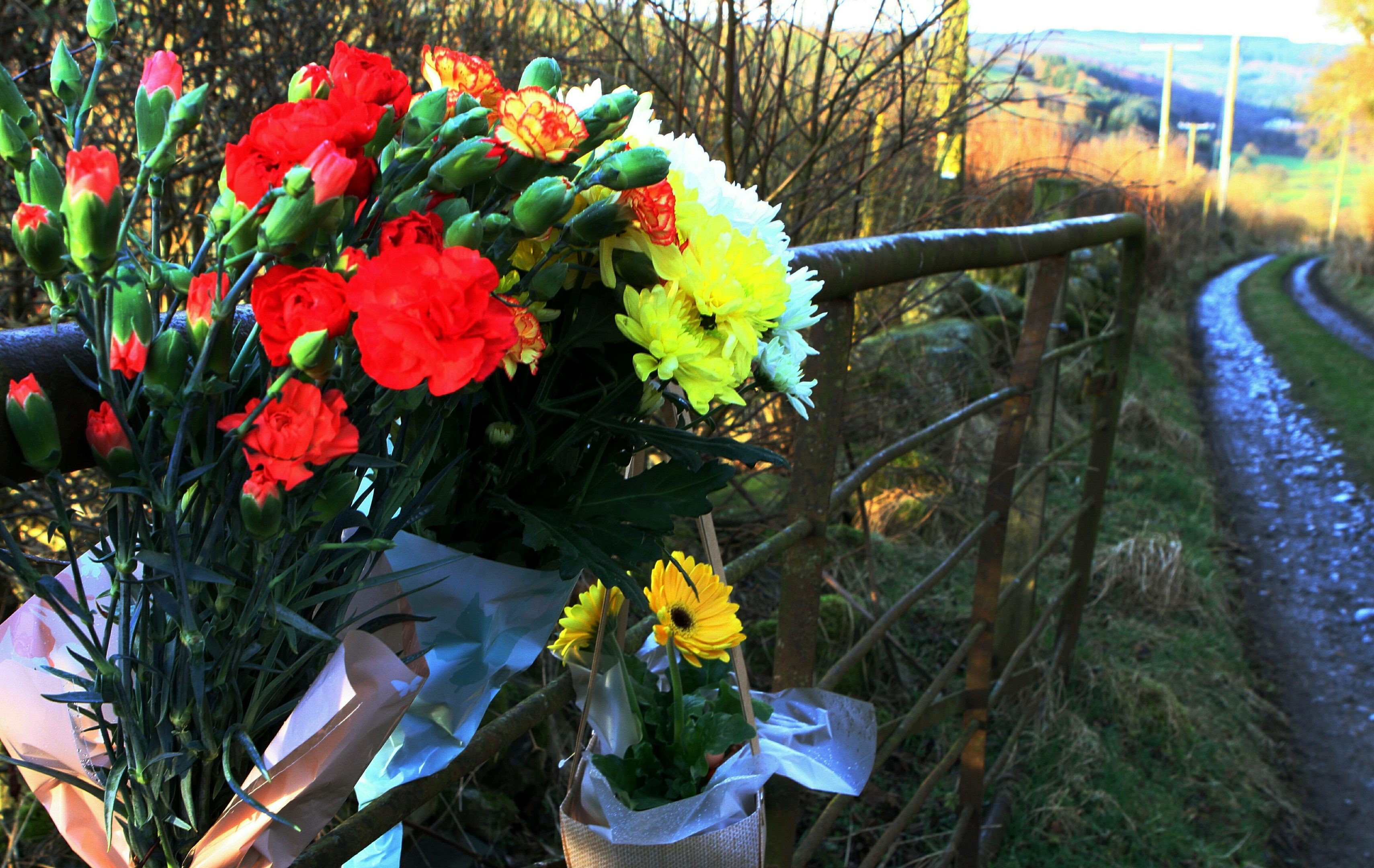 Floral tributes at Milton of Drimmie near Bridge of Cally.