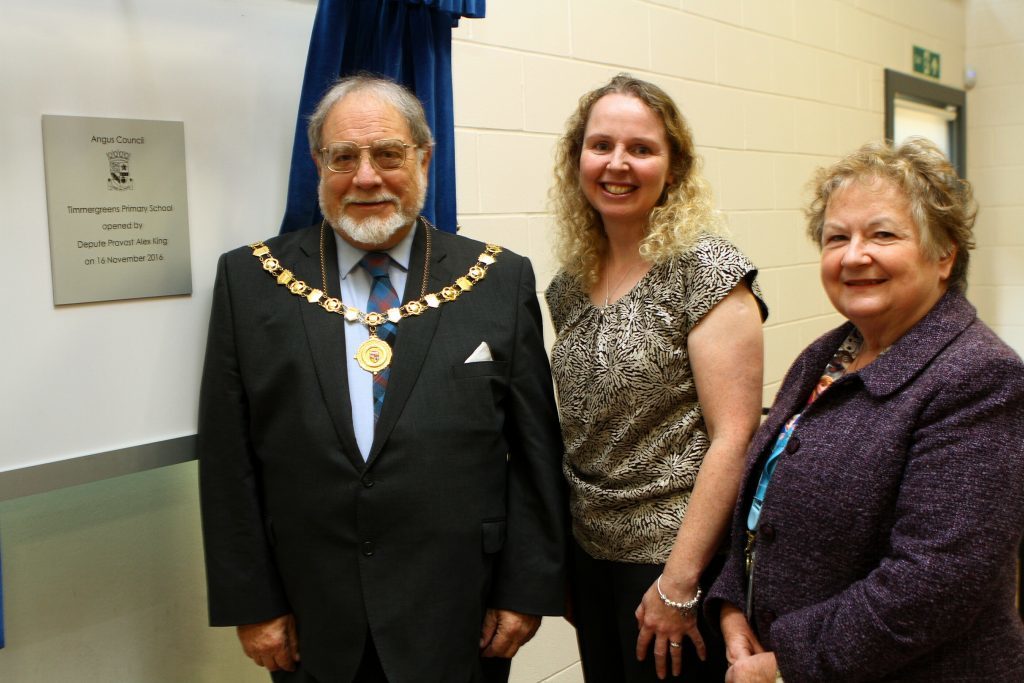 Angus Provost Alex King, head teacher Jacqui Smith and |Cllr Sheena Welsh at the November opening ceremony for Timmergreens.