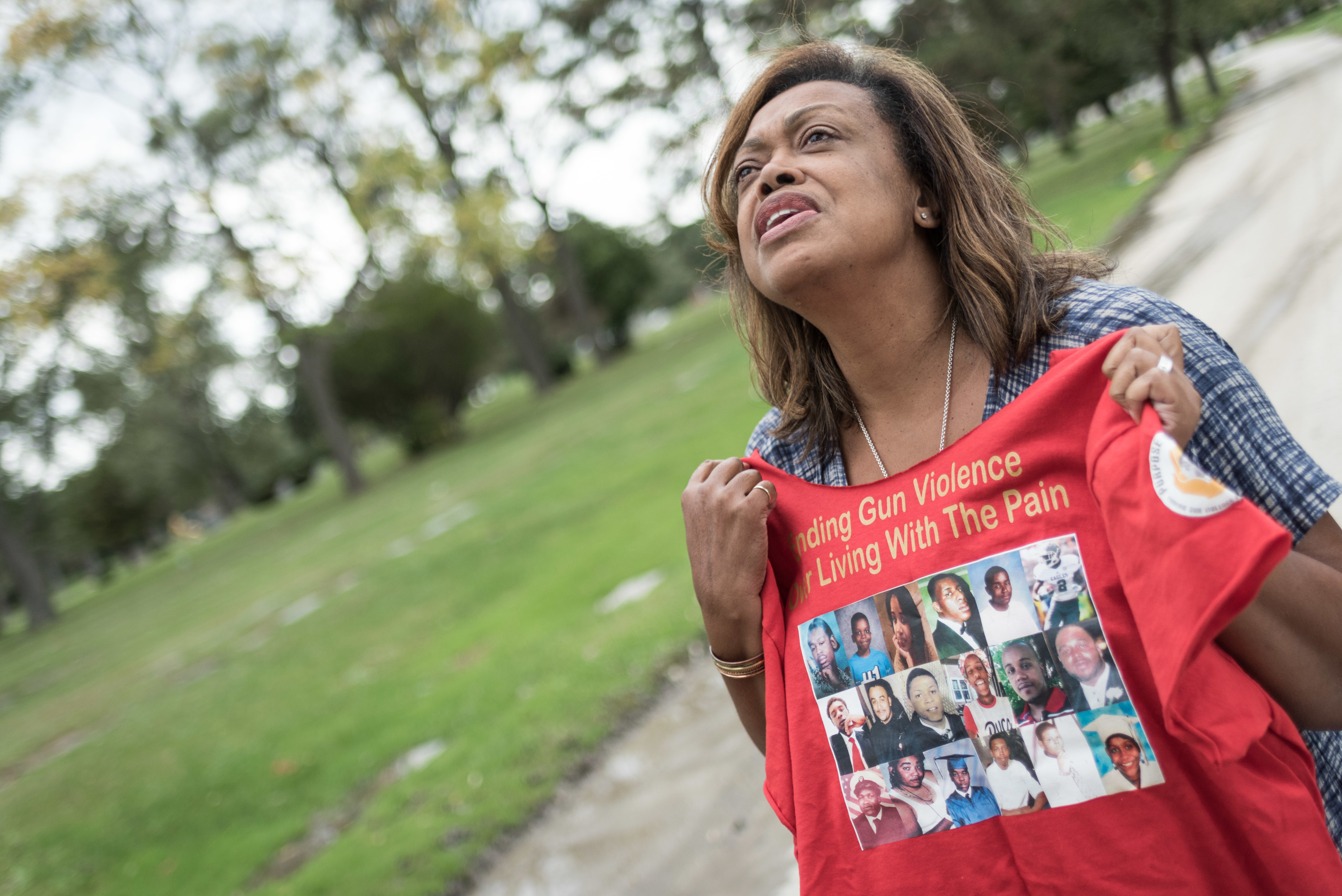 Gun violence prevention campaigner Marsha Lee of Chicago whose son Tommy was murdered in a random shooting in 2008. Chicago IL, 7 October 2016