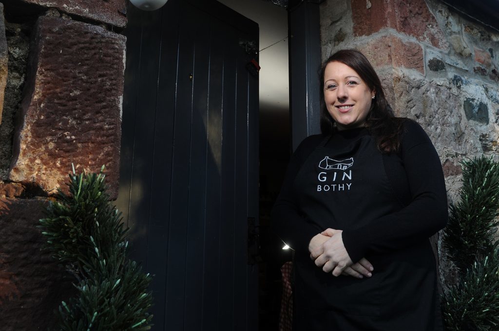 Kim Cameron at the orHQ of the Gin Bothy, at, Peel Farm, Lintrathen.