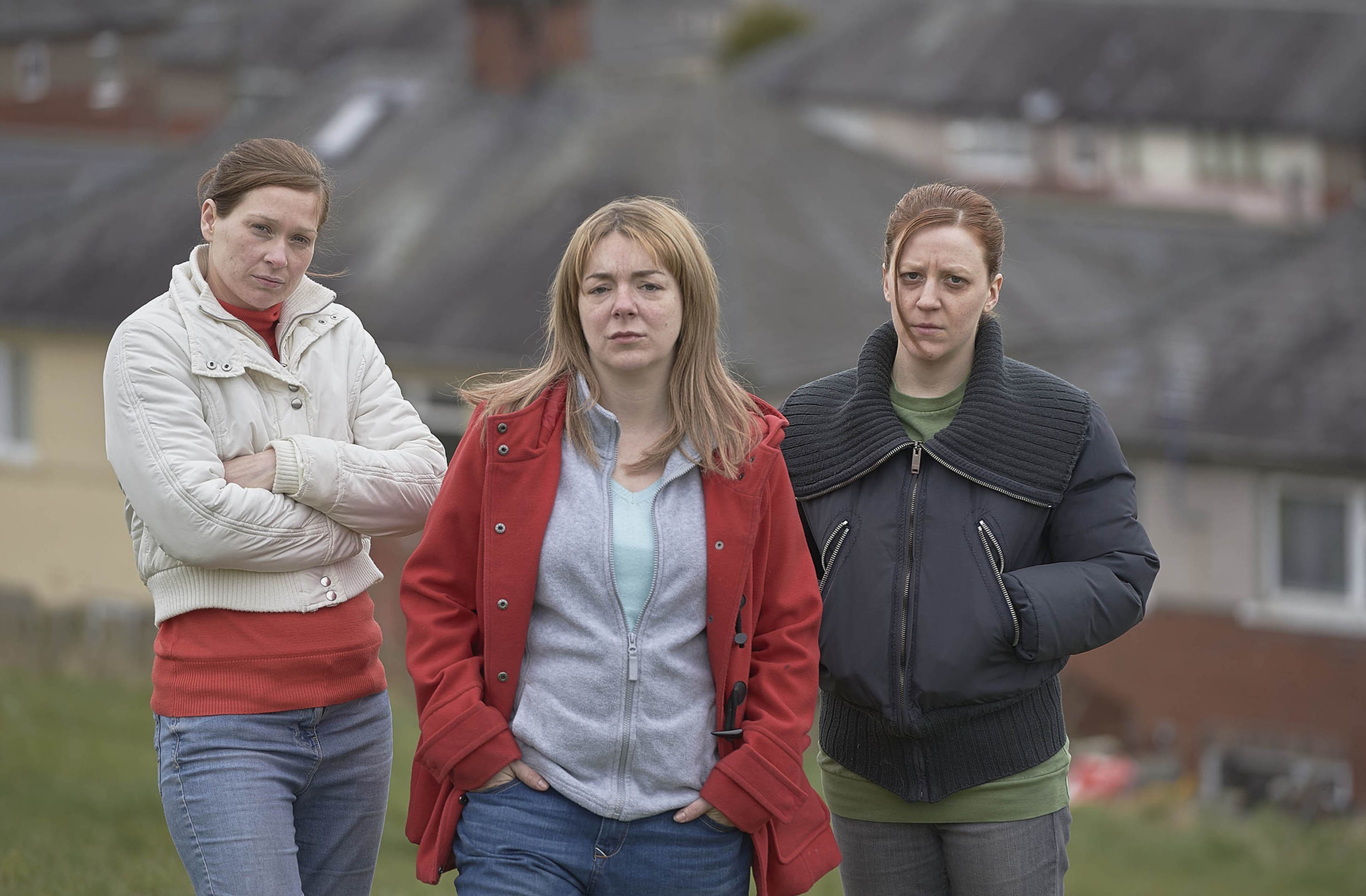 Pictured from The Moorside. (left - right) Sian Brooke as Natalie Brown, Sheridan Smith as Julie Bushby, Gemma Whelan as Karen Matthews.