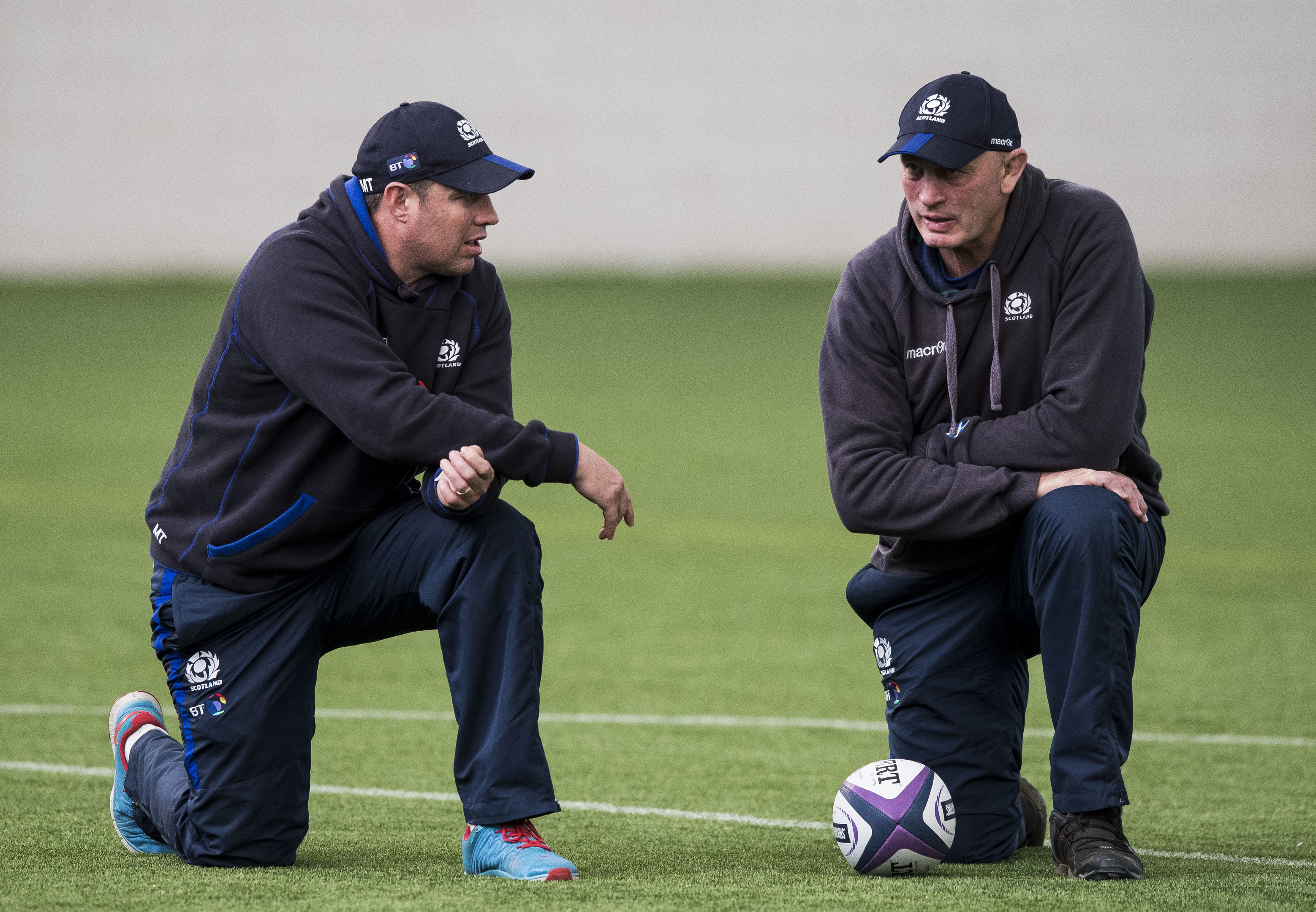 Assistant coach Matt Taylor (left) and Vern Cotter plot tactics at Scotland's training session at Oriam.