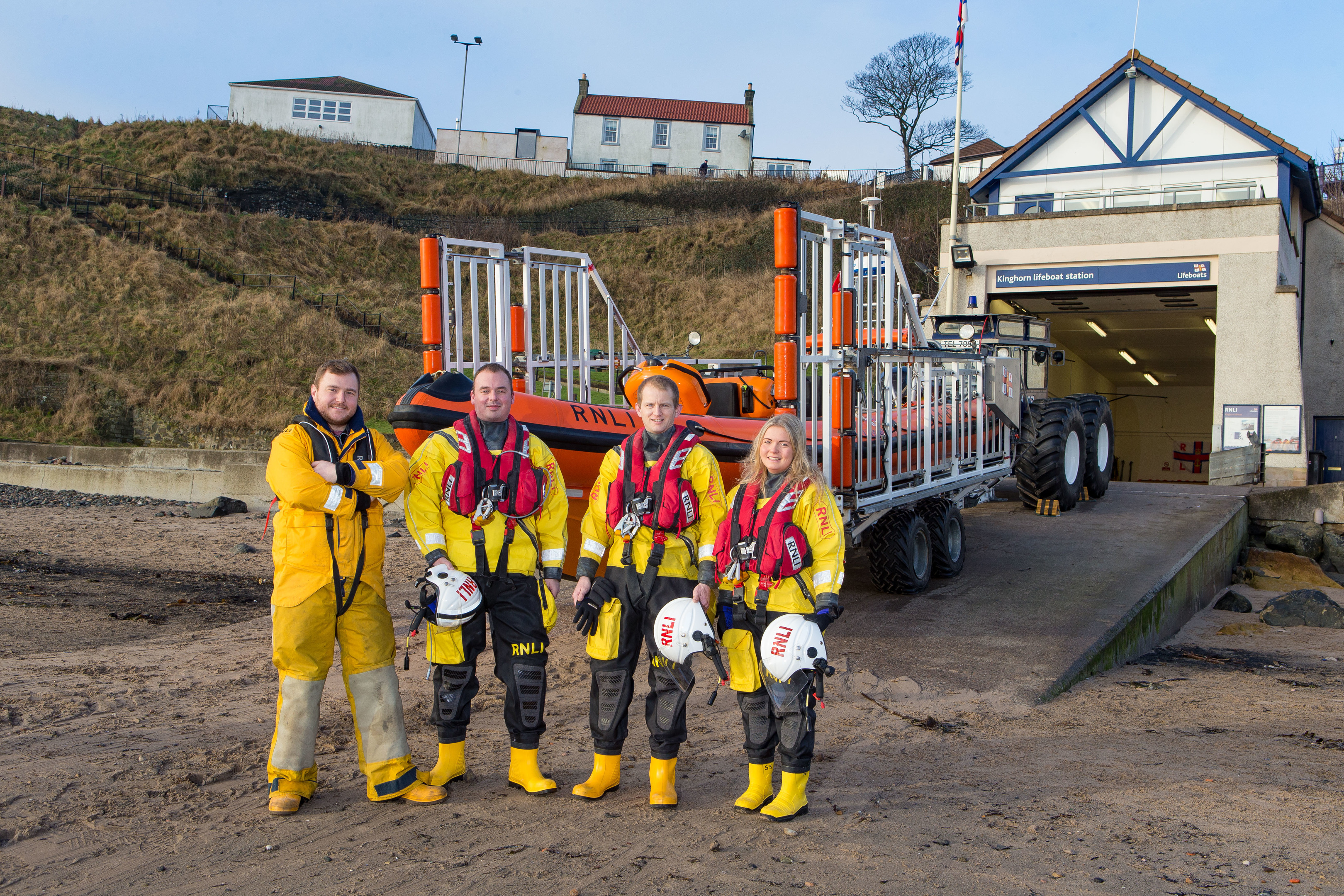 Pictured: Crew Kenny Davidson, Richard Malcomson, Neil Chalmers and Megan Davidson from RNLI Lifeboat at Kinghorn.