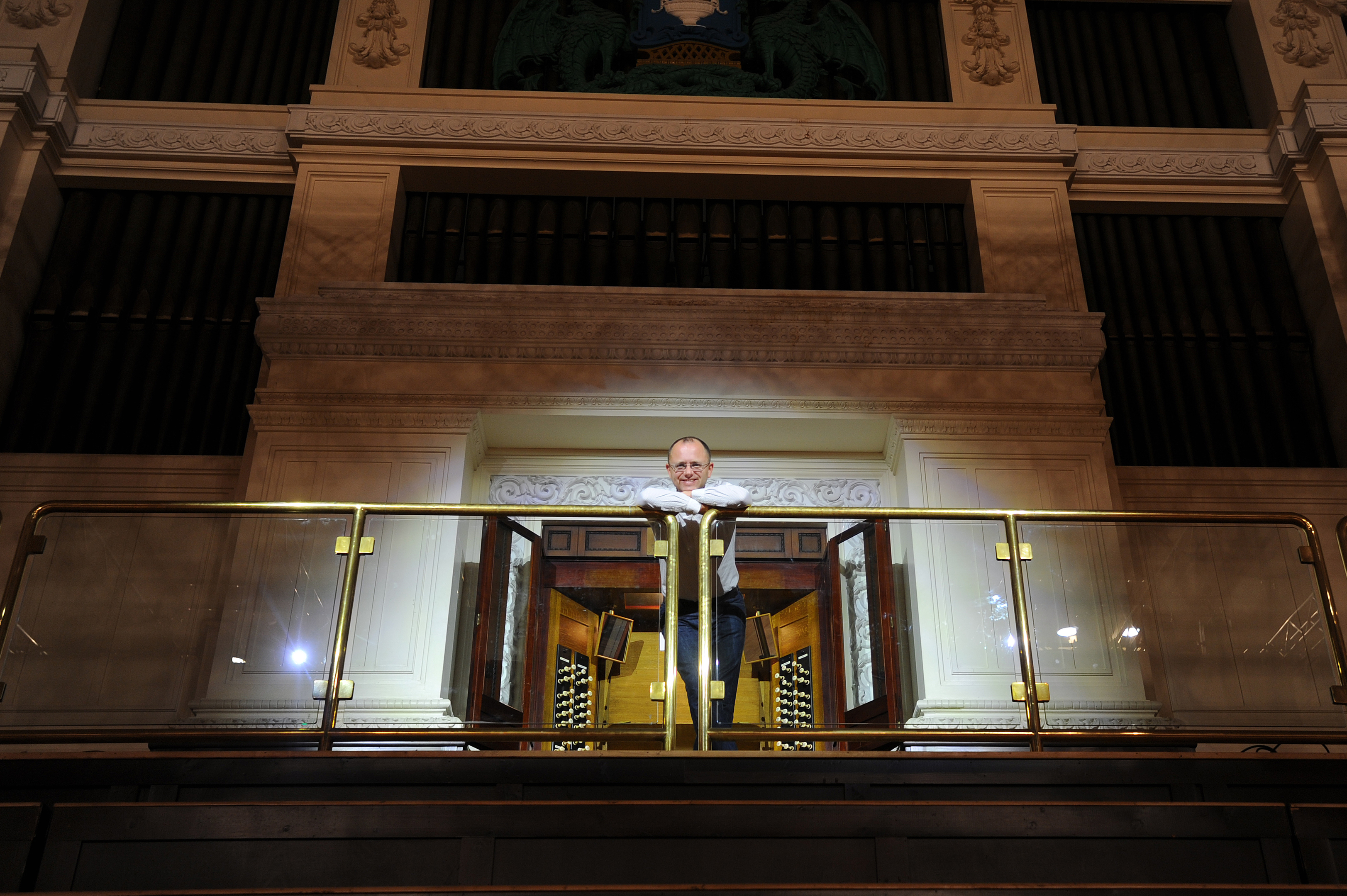 Dundee City organist Stuart Muir in front of the Caird Hall organ.