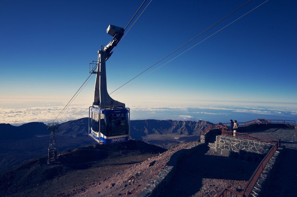 Photo of a cable car climbing to the summit of Mount Teide. 