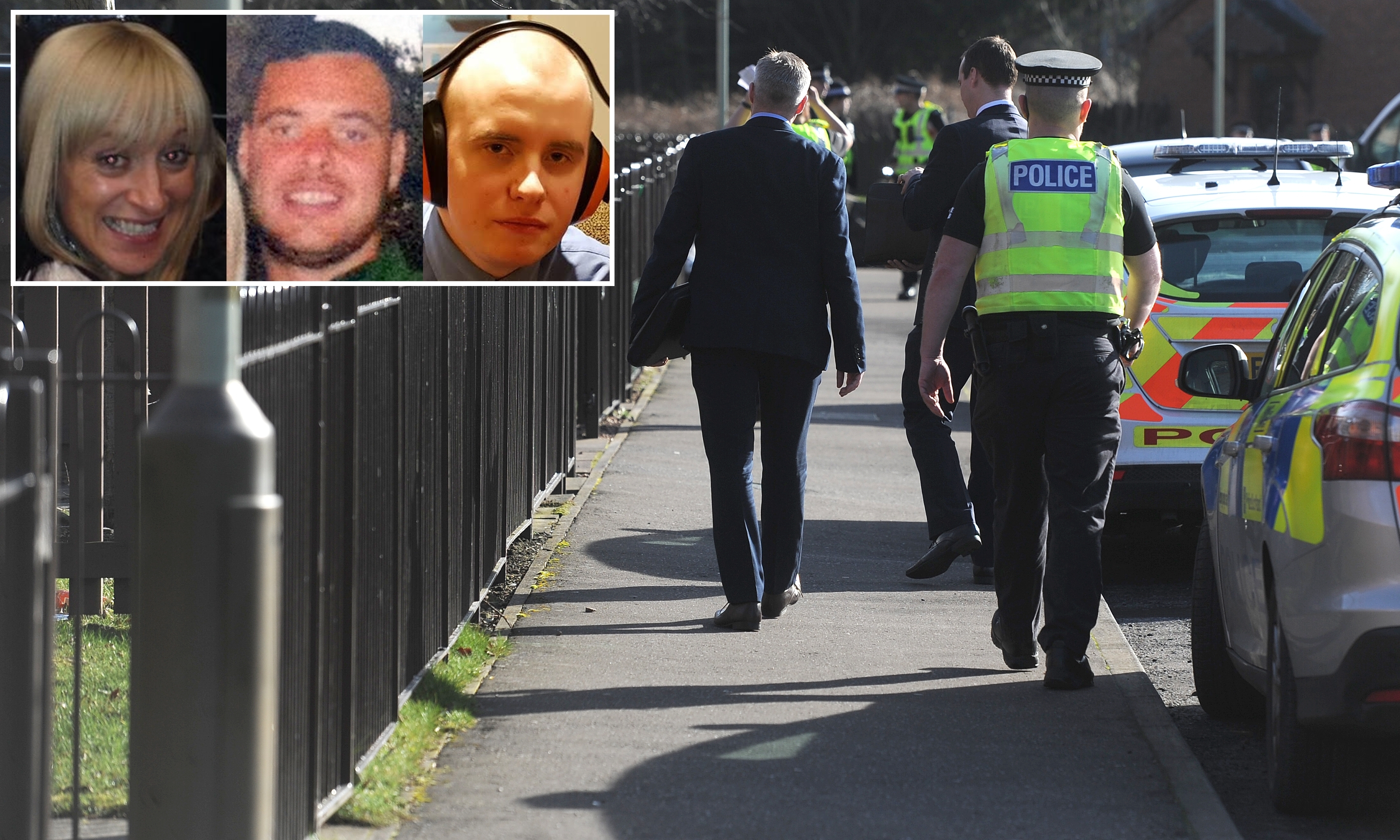 The police investigation at Drumlanrig Drive. Inset (from left) Julie McCash, David Sorrie and Ralph Smith.