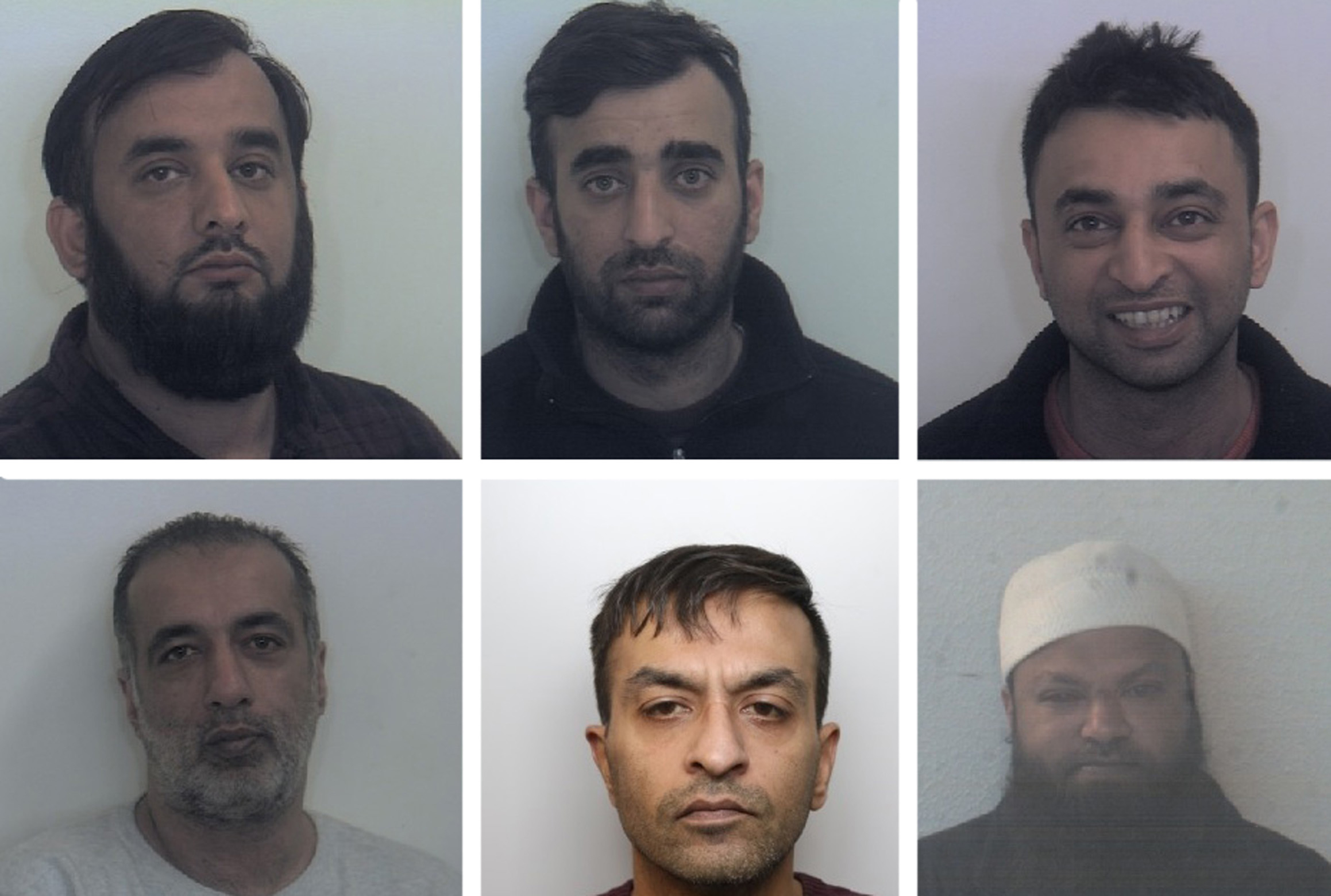 South Yorkshire Police undated photos of (top row left to right) Tayab Dad, Nasar Dad, Basharat Dad, (bottom row left to right) Matloob Hussain, Mohammed Sadiq and Amjad Ali who have been given jail sentences at Sheffield Crown Court for sex offences after they groomed two girls and sexually abused in Rotherham between 1999 and 2001.