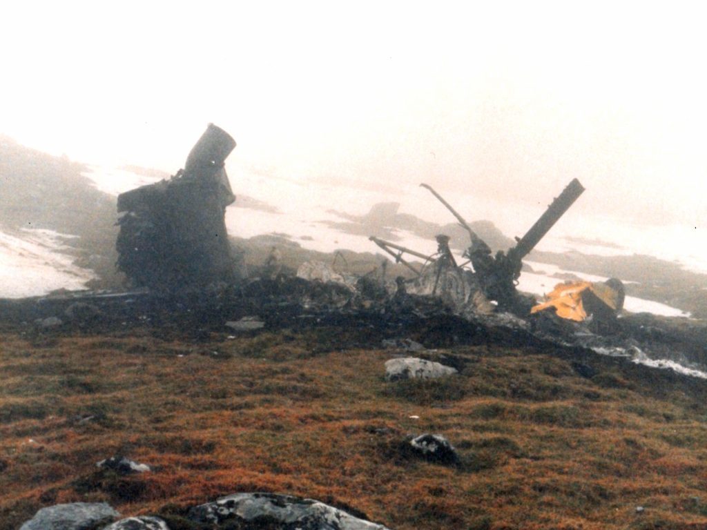 The burnt out wreckage of the helicopter.