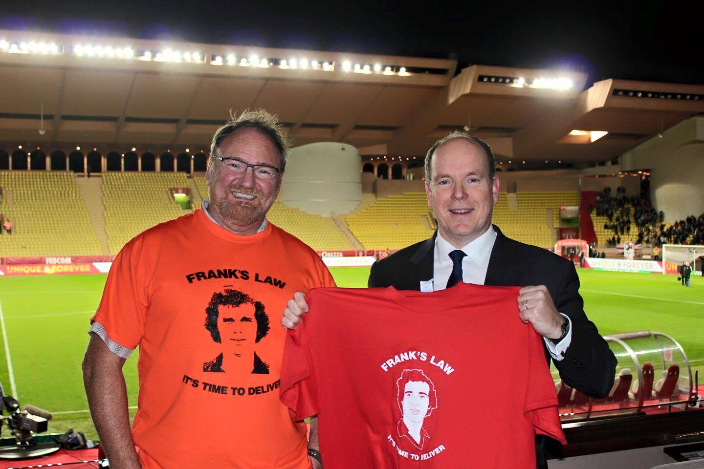 Prince Albert II (right) with his Frank's Law t-shirt and Rob Morrison at the Stade Louis II