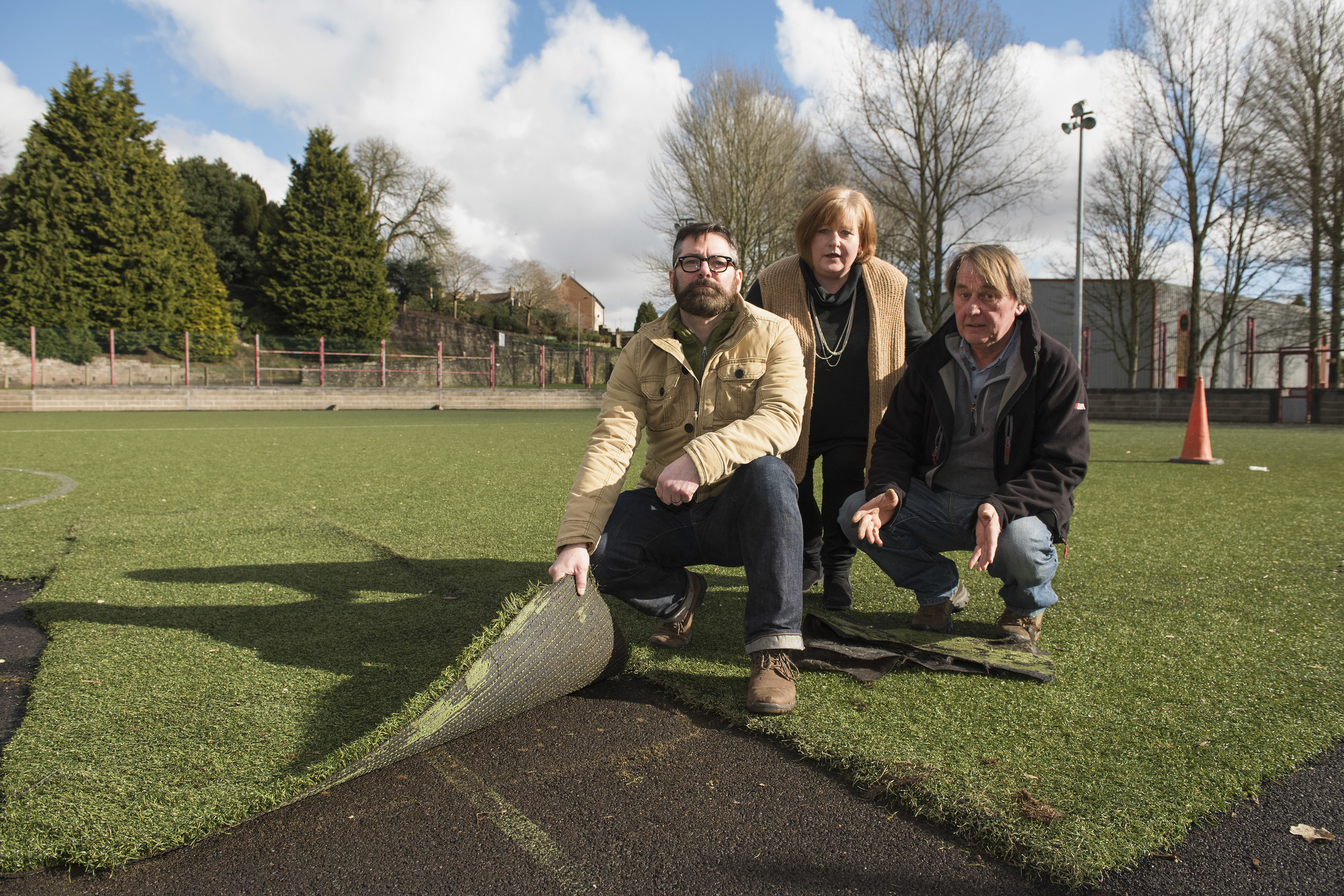 Mark Arbuthnott (left) and George Garden of IMPS with Jill Scott at  Inch Park, Brechin.