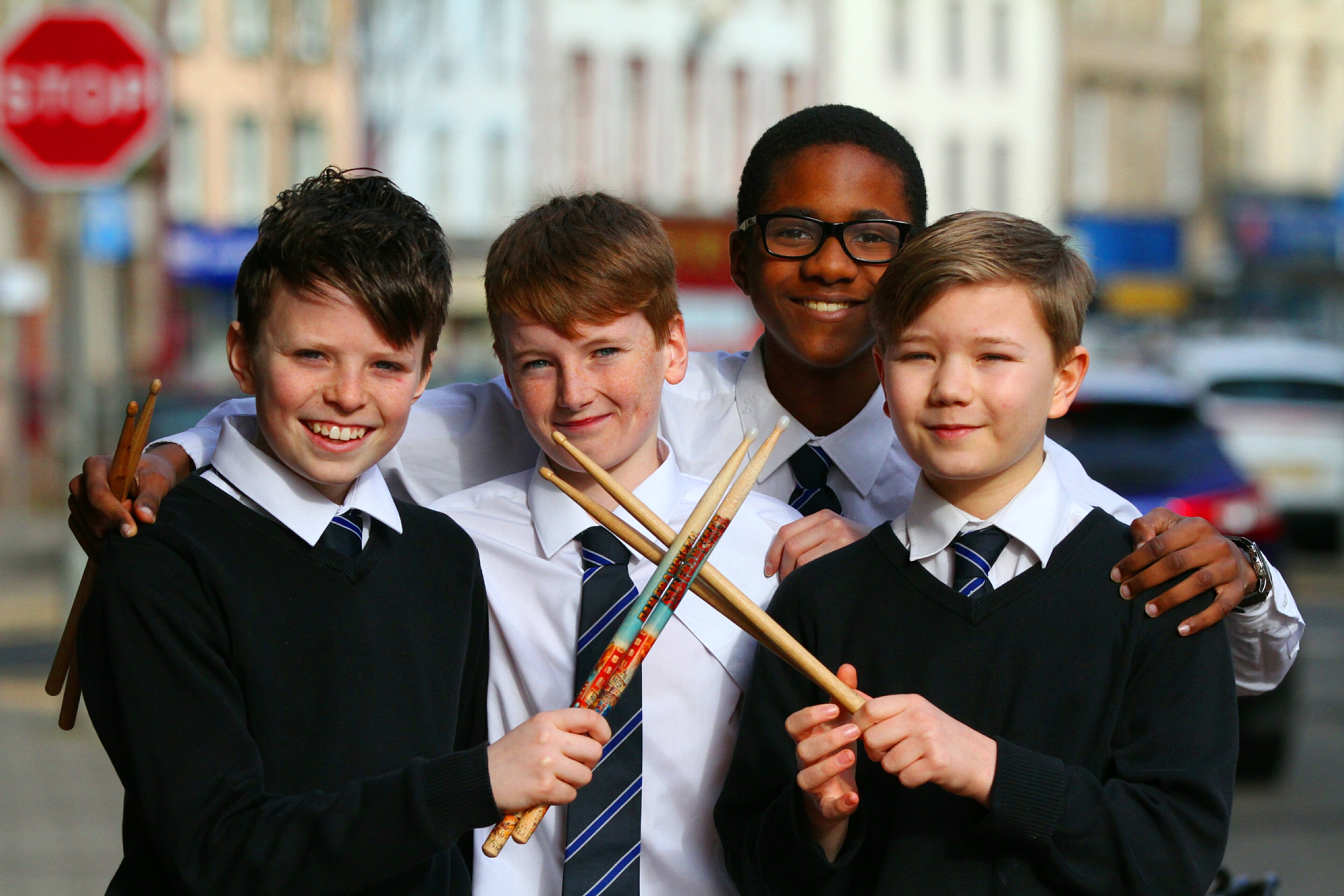 Players in the drumkit class at last year's festival-from left — Euan Mannion, Josh Taylor, Nick Emmanuel, and Jude Fraser.