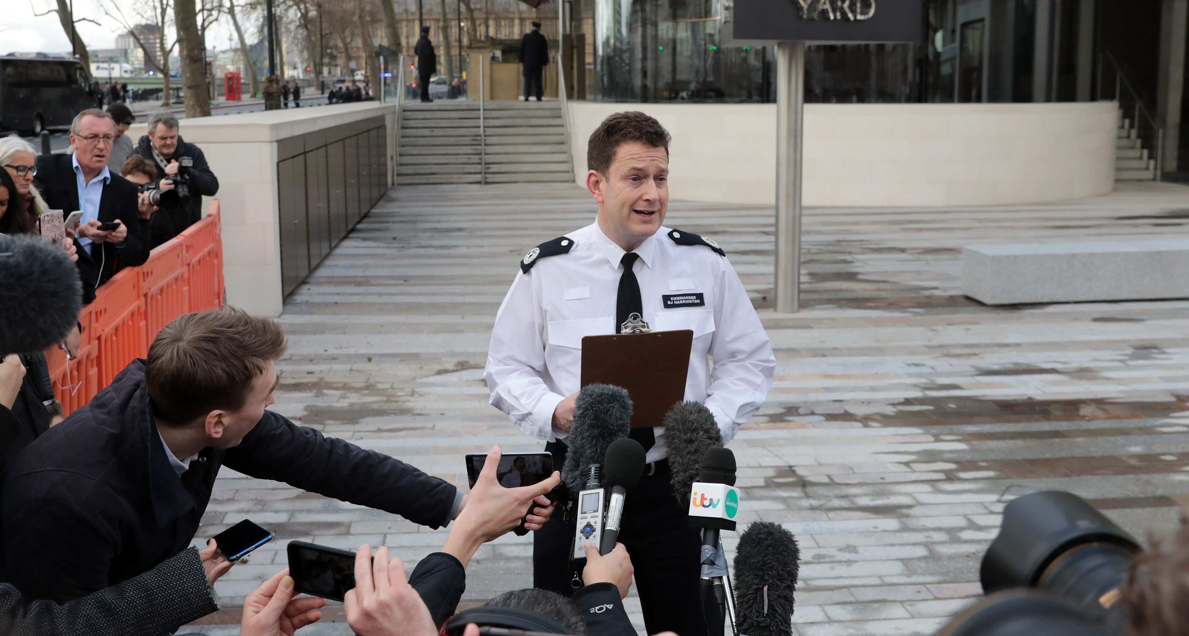 Commander BJ Harrington of the Metropolitan Police gives a statement outside New Scotland Yard.