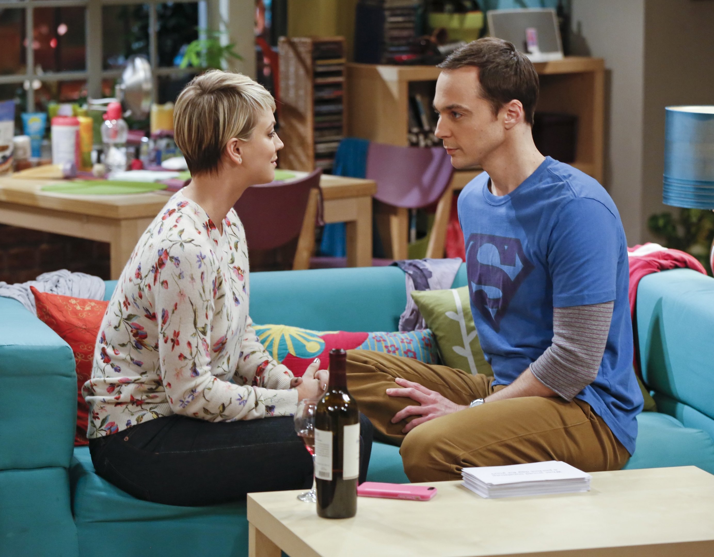 Kaley Cuoco, who plays Penny, and Jim Parsons, who plays Sheldon Cooper, in an episode of The Big Bang Theory