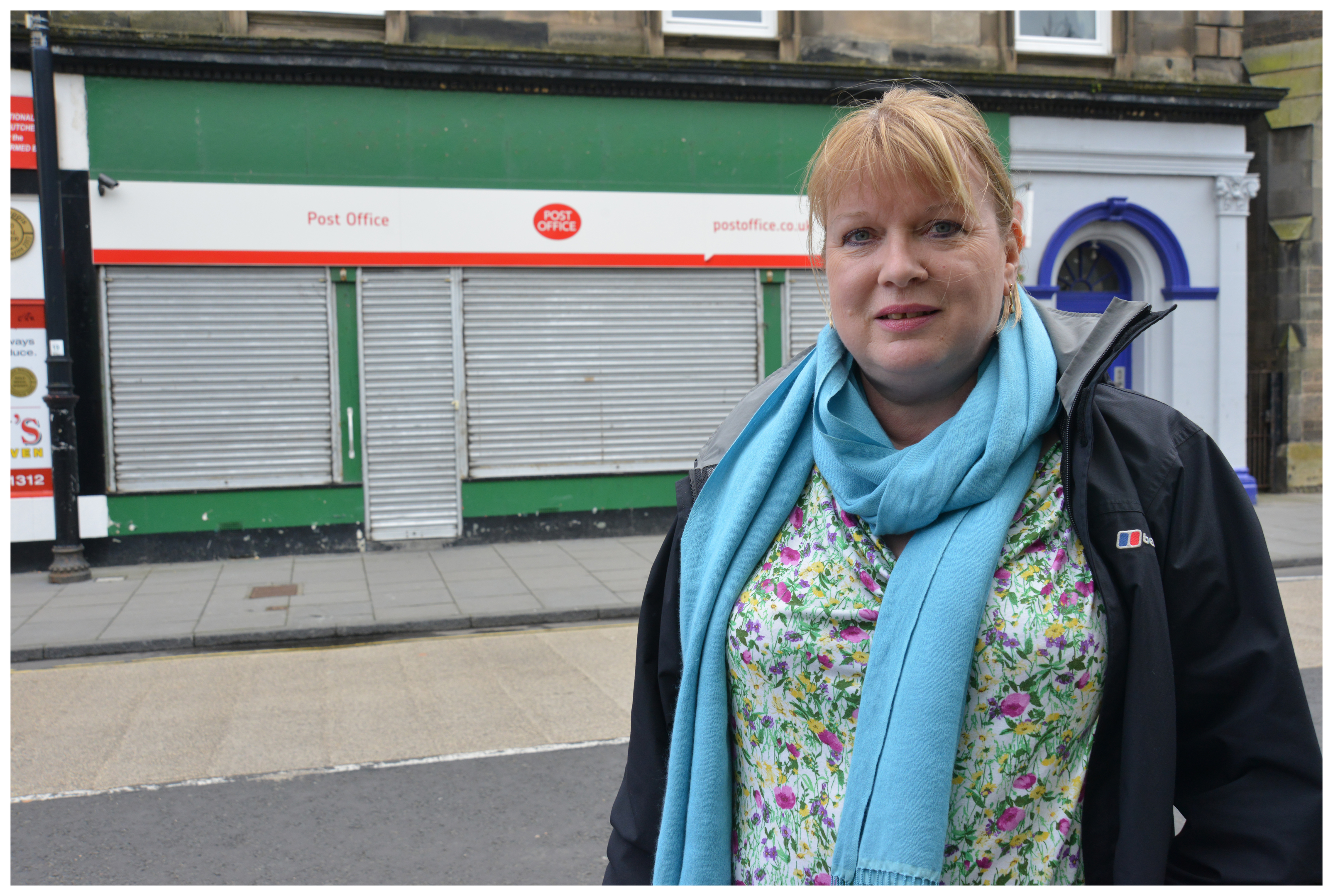 Councillor Susan Leslie outside the closed post office.