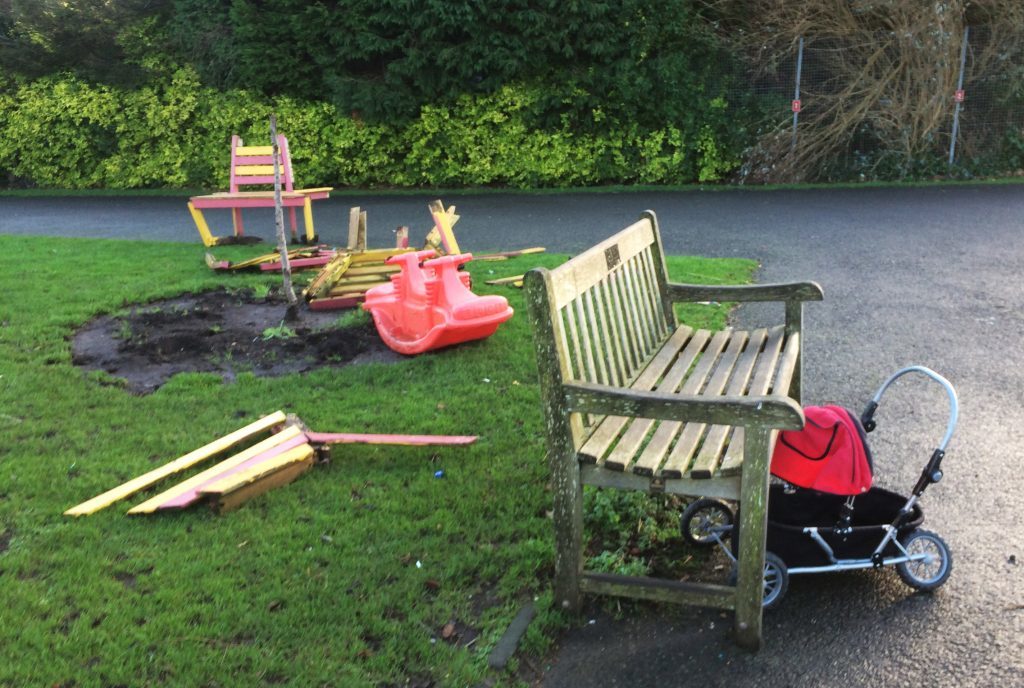 Courier News - Fife Story - Kinghorn Primary School Vandalism - Kinghorn - Vandals destroyed a bench, ripped out plants and left only a stalk of the tree in the garden, leaving numerous kids upset - Monday 9 January 2017 Courtesy Kinghorn Shool
