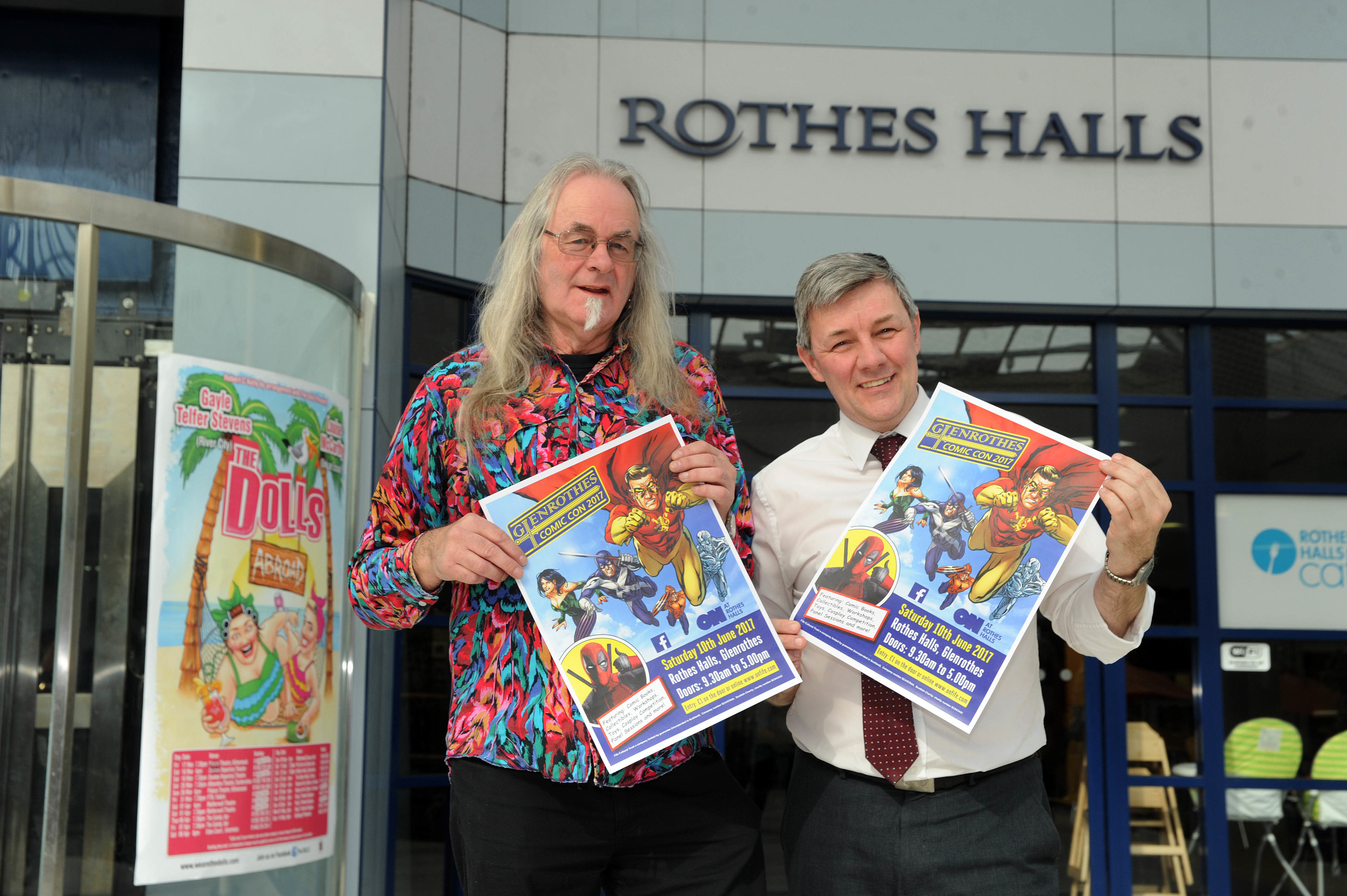 Michael Mowat and Altany Craik of Go Glenrothes at the Rothes Halls to promote Glenrothes Comic Con later this year.