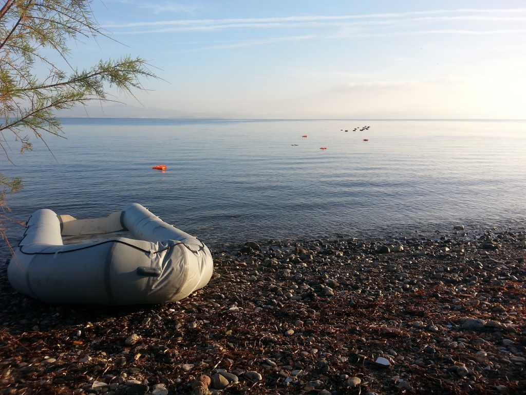 A light boat abandoned by refugees who successfully made the crossing from Turkey into Greece during 2016