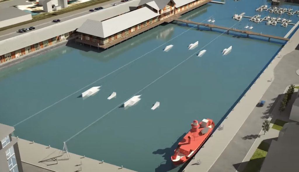 An image from a fly-through video simulation of the Waterfront area shows the wakeboarding site