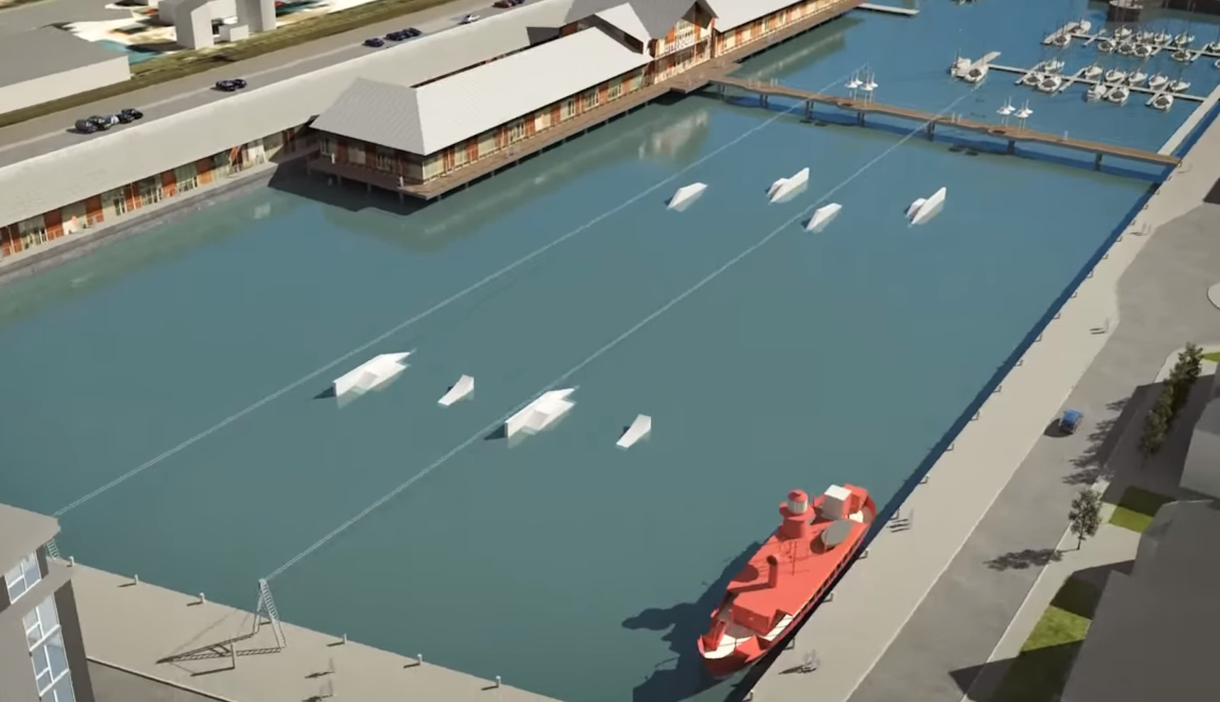 An image from a fly-through video simulation of the waterfront area shows the wakeboarding site.