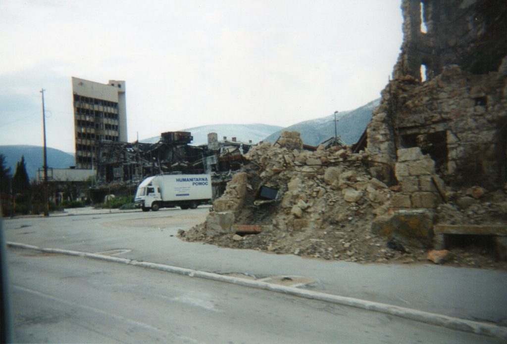 Aid lorry during rubble strewn streets of Sarajevo in 1995