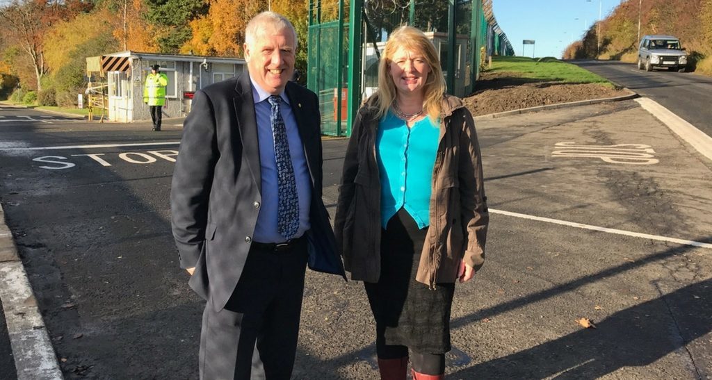 Douglas Chapman MP and Councillor Sharon Wilson at the entrance to HMS Caledonia