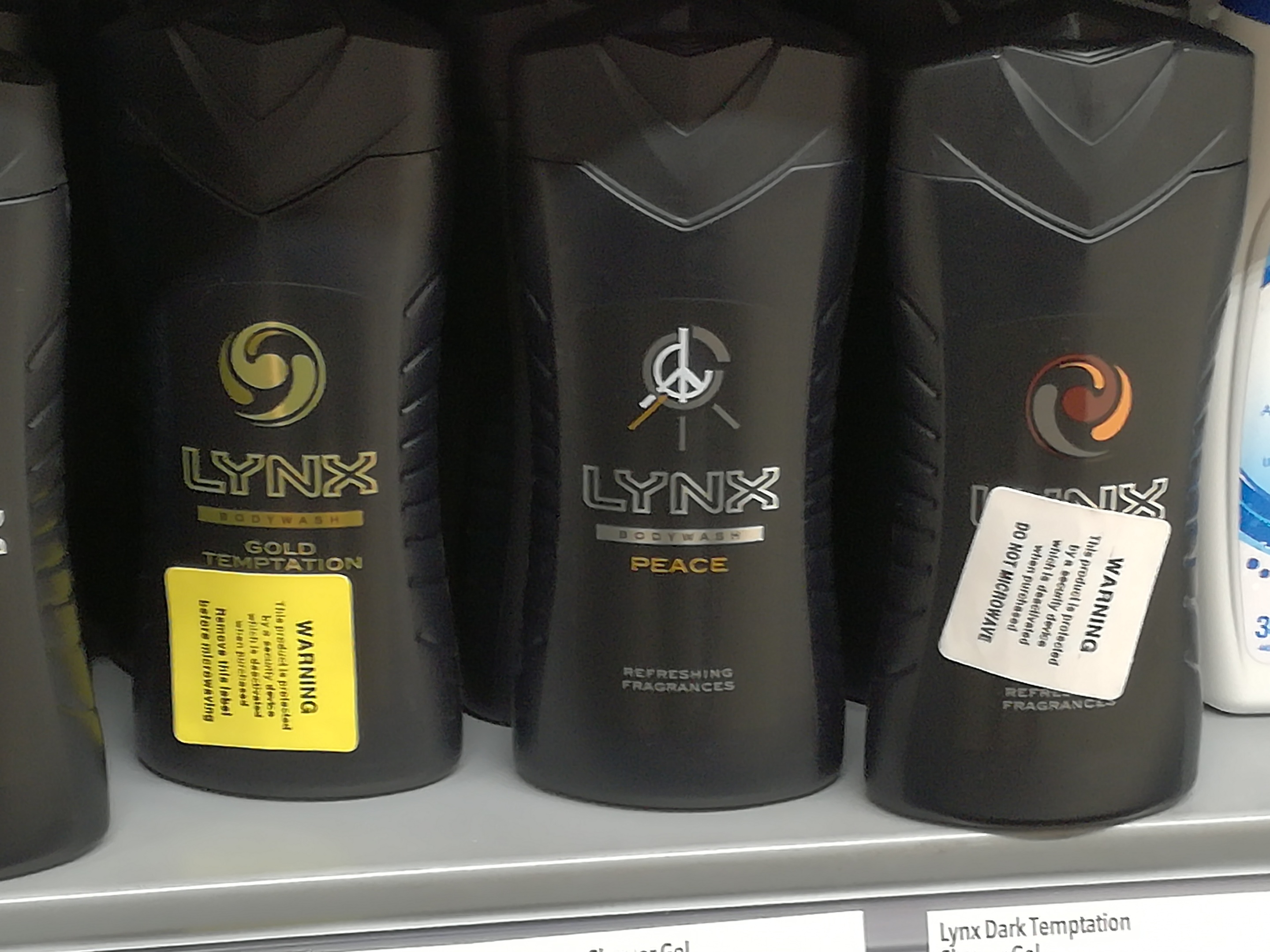 Security tags on shower gel.