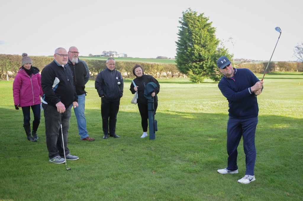 Gayle Ritchie, Derek Milne, Shaun Beazley, Stevie Cunningham, Shelly Cunningham and Jim Gales on the practice course.