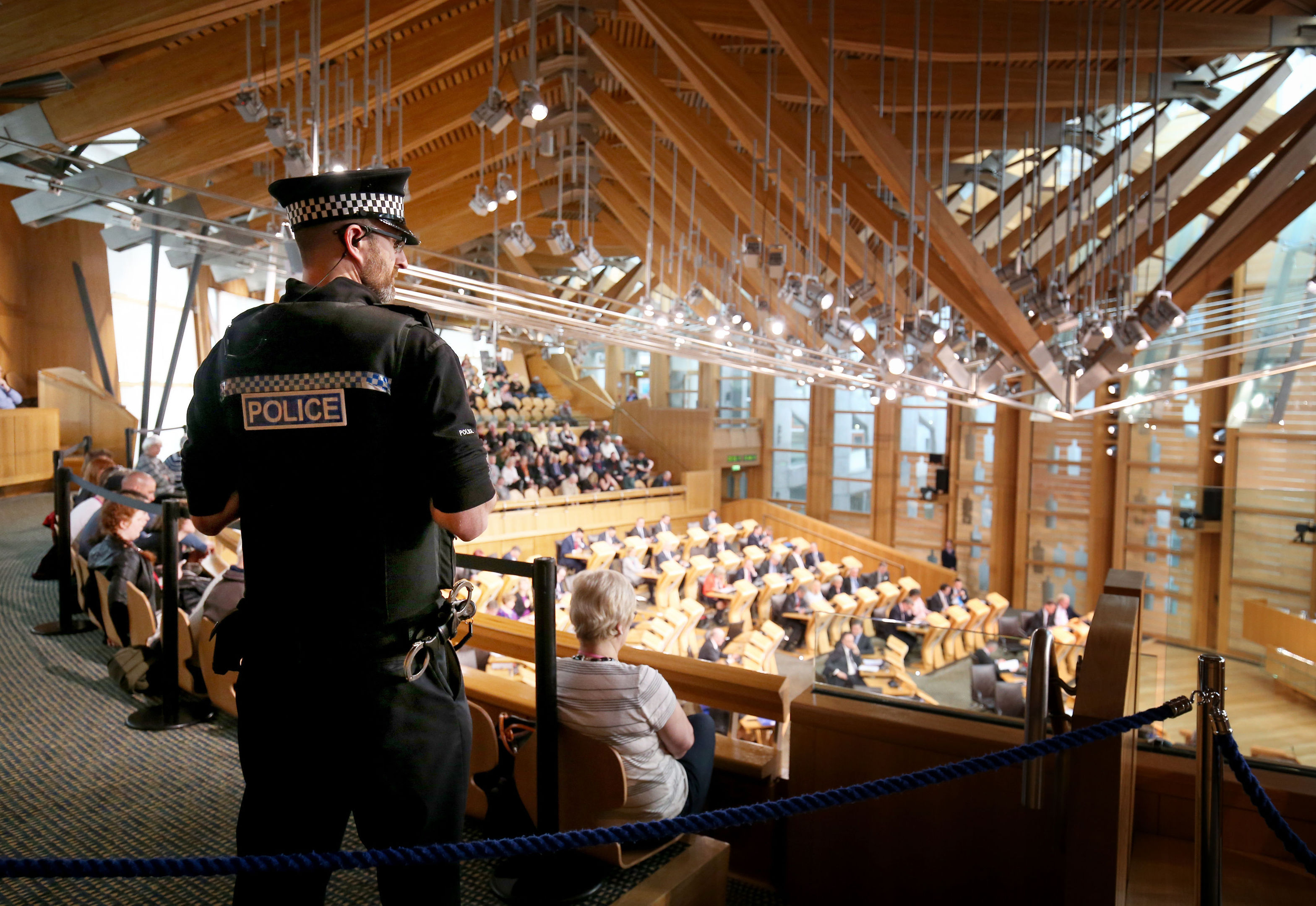 Police presence in the main chamber at the Scottish Parliament in Edinburgh, on the  second day of the debate on a potential second Scottish independence referendum.