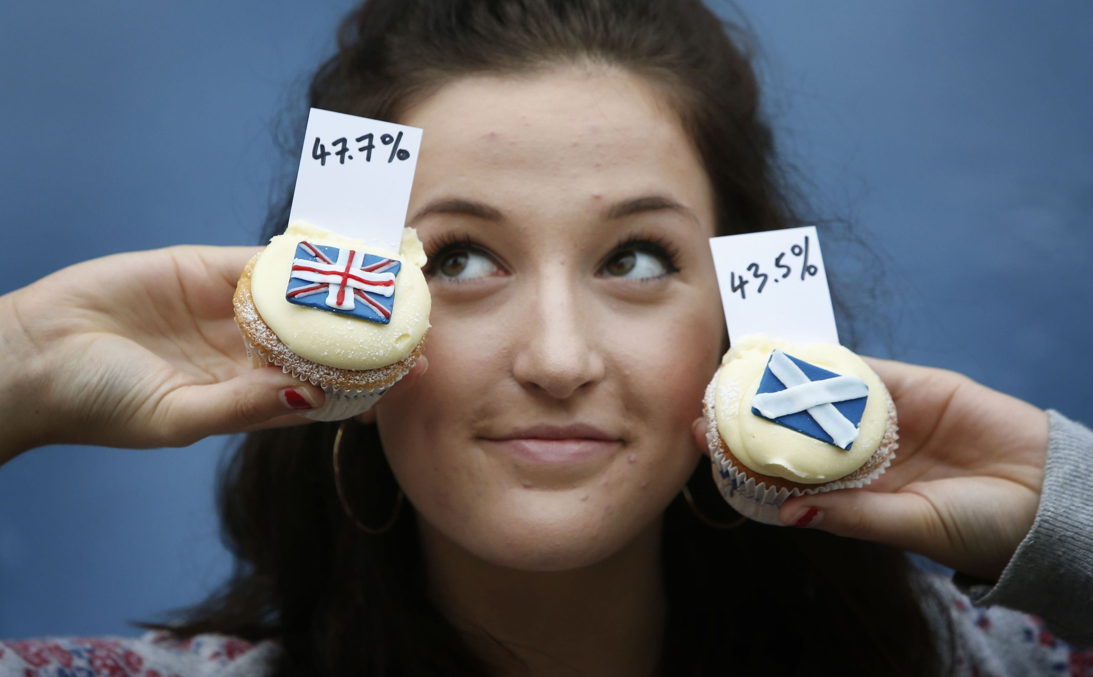 Pippa Perriam holds cupcakes at Edinburgh bakery Cuckoo's that show the results of their cupcake referendum opinion poll survey where the public could buy a Yes, No or Undecided cupcake during the last independence referendum.