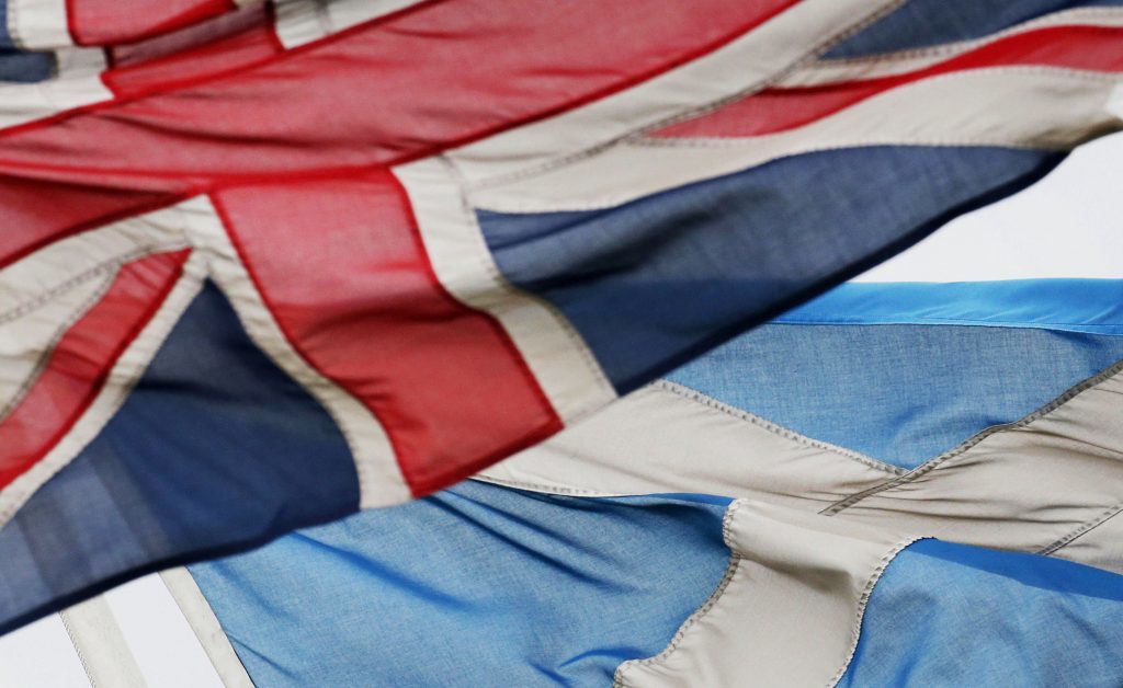 A Union Flag and Saltire Flag are pictured in Edinburgh ahead of the 2014 independence referendum