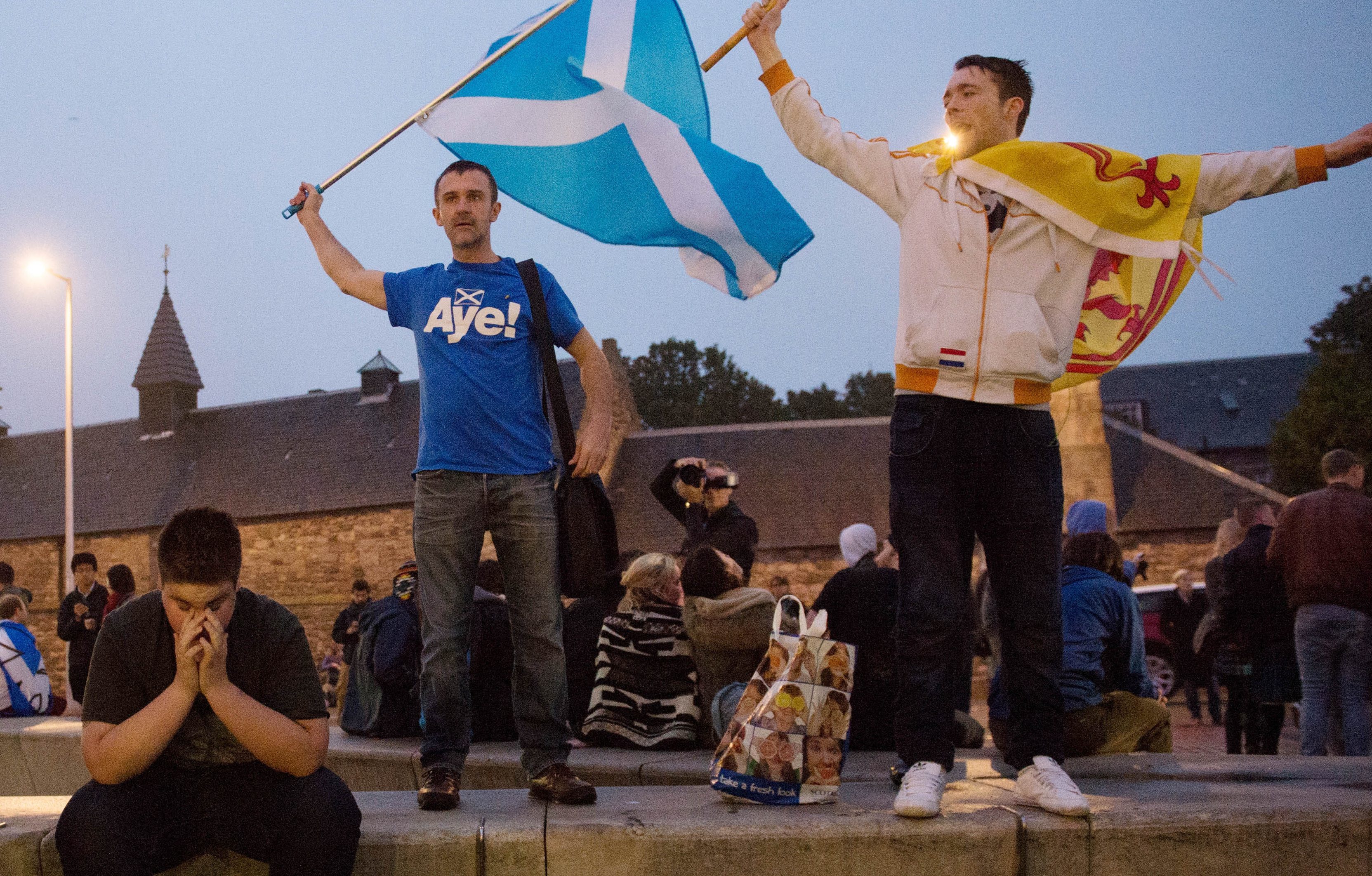 Defiant 'Yes' supporters in Edinburgh in the early hours after Scotland voted decisively to reject independence and remain part of the UK in September 2014.