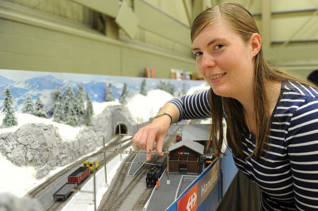 Kerry McKay with the model of part of the Swiss railway system made by Graham and Martin Arnold from Alyth at an exhibitioon in DISC, Dundee